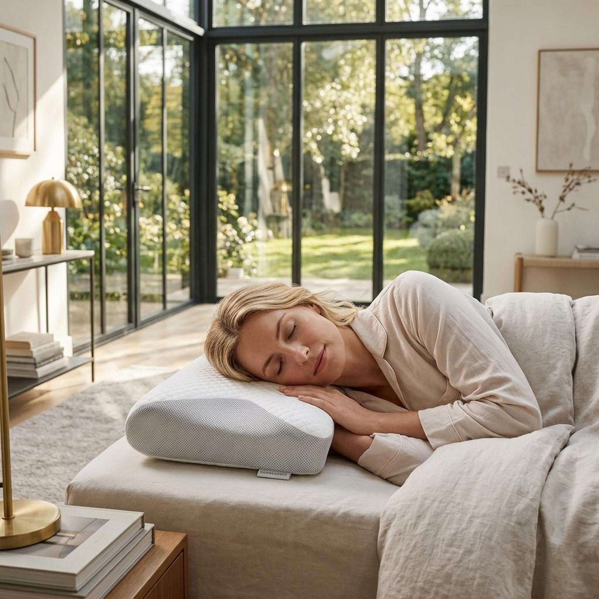 Blonde woman sleeping peacefully on a white, textured butterfly-shaped memory foam neck support pillow.
