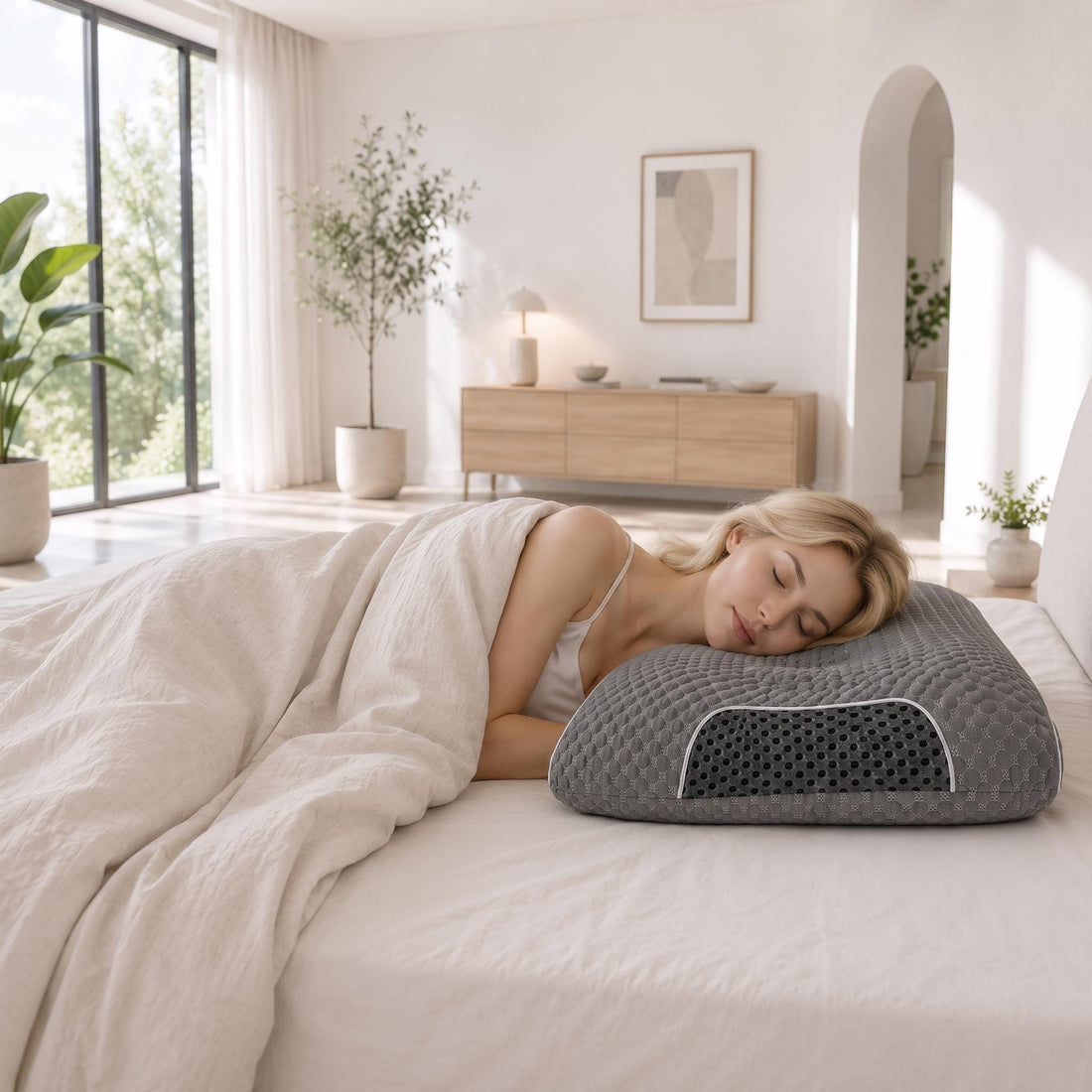 Grey ergonomic contour neck support pillow with breathable mesh sides and soft knitted fabric for side sleeping.