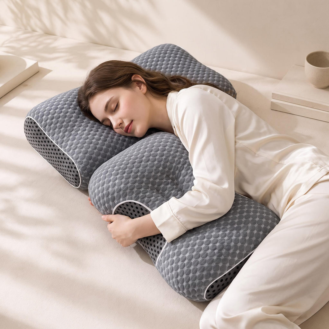 Grey ergonomic contour neck support pillow with breathable mesh sides and soft knitted fabric for side sleeping.