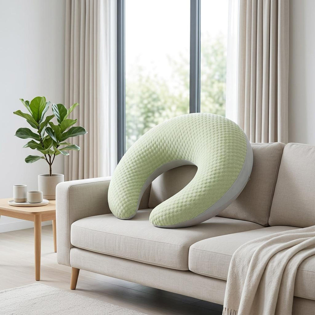 Woman sitting on a sofa using a soft, sage green U-shaped ergonomic arm support pillow for comfort while relaxing.
