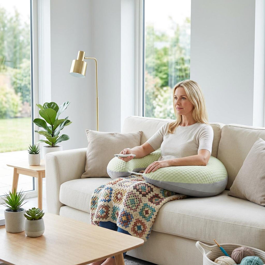 Woman sitting on a sofa using a soft, sage green U-shaped ergonomic arm support pillow for comfort while relaxing.