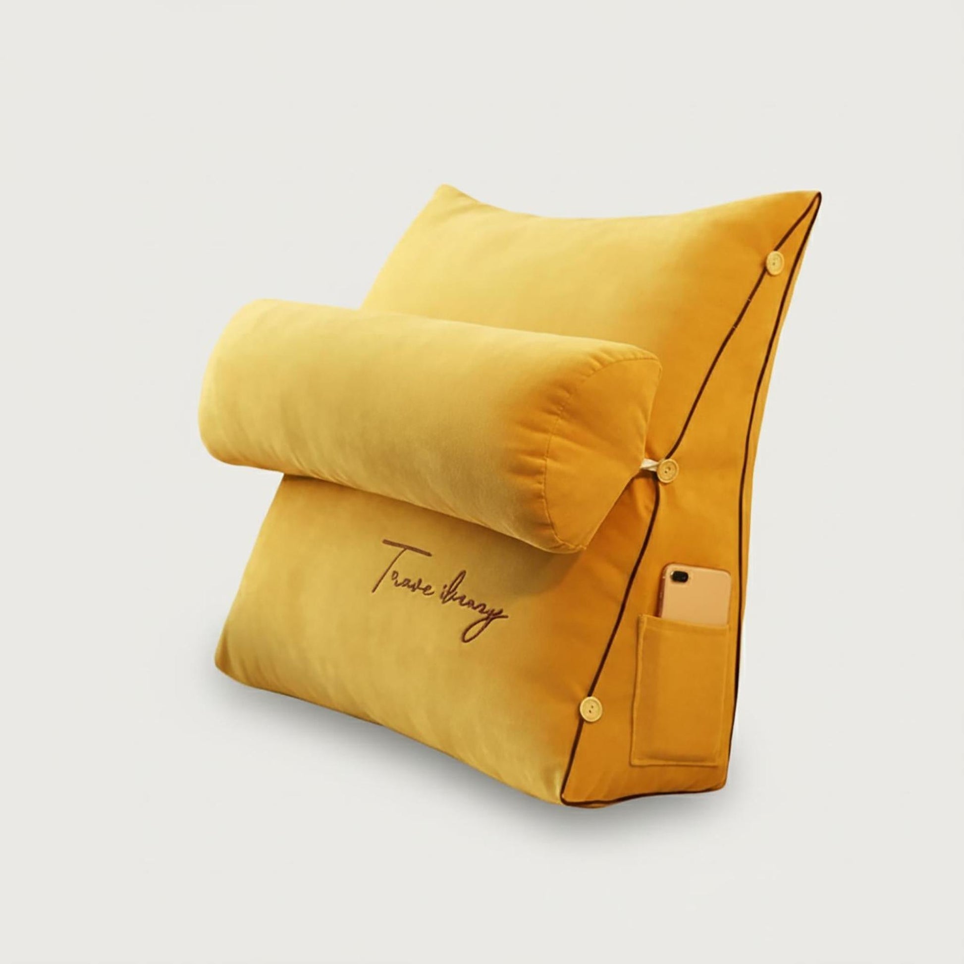 Yellow velvet ergonomic wedge pillow with a detachable bolster, side pocket, and "Trase Beary" embroidery.