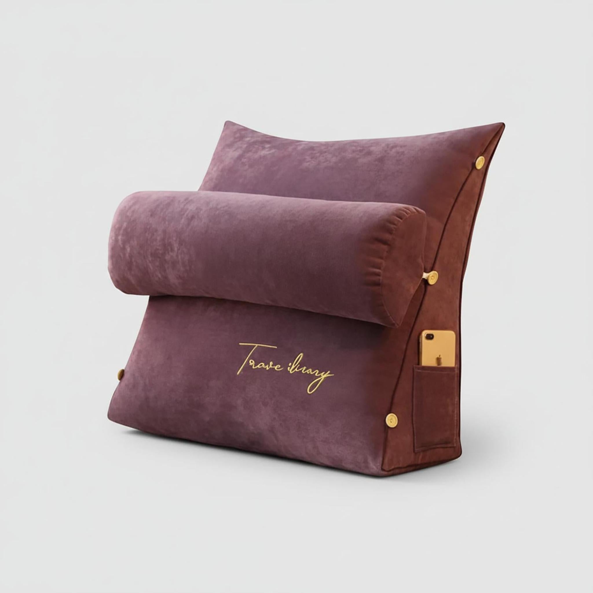 Plush purple ergonomic wedge pillow with a detachable bolster, side pocket, and "Travel diary" embroidery.