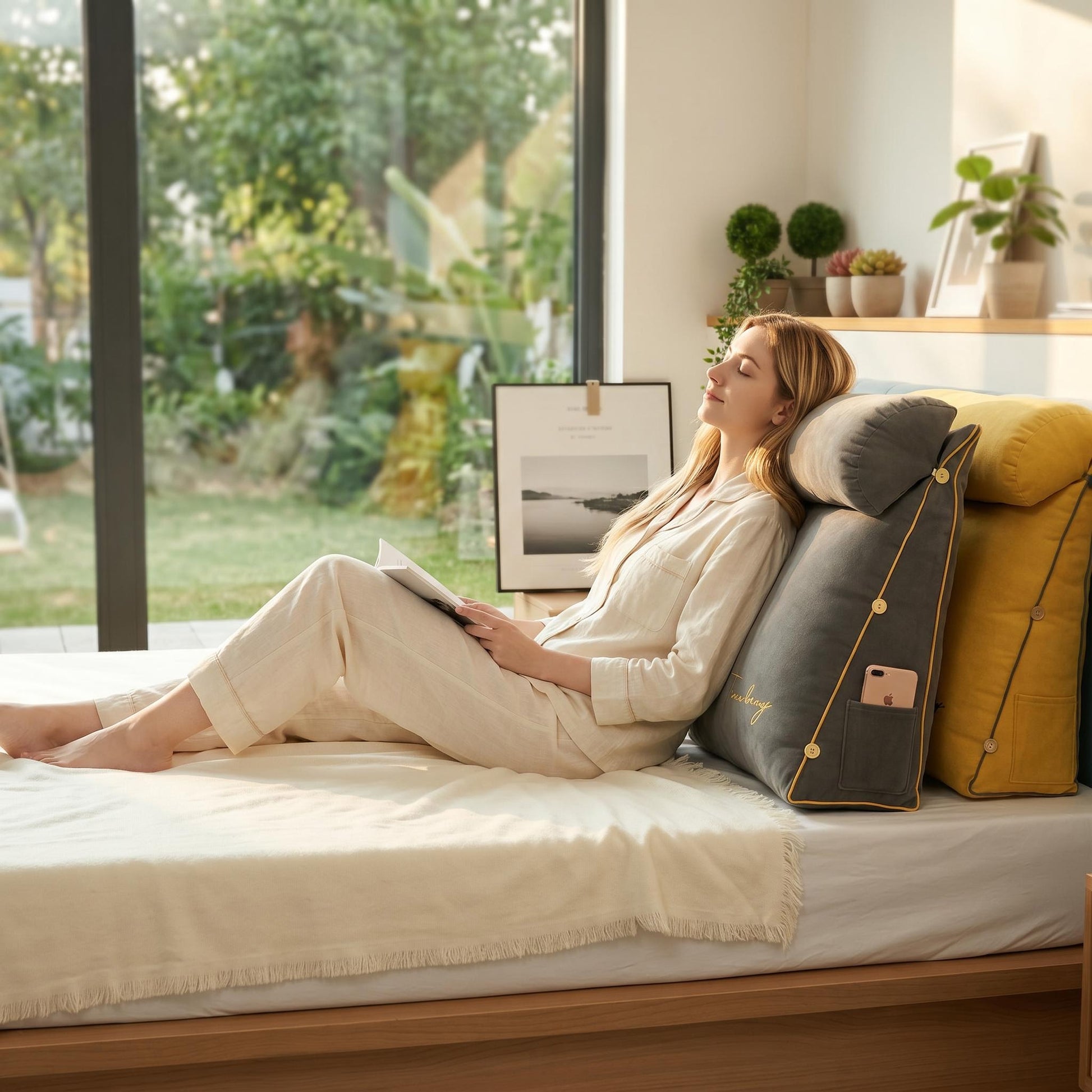 Woman relaxing on a bed with a gray ergonomic wedge pillow featuring a phone pocket and yellow accents.