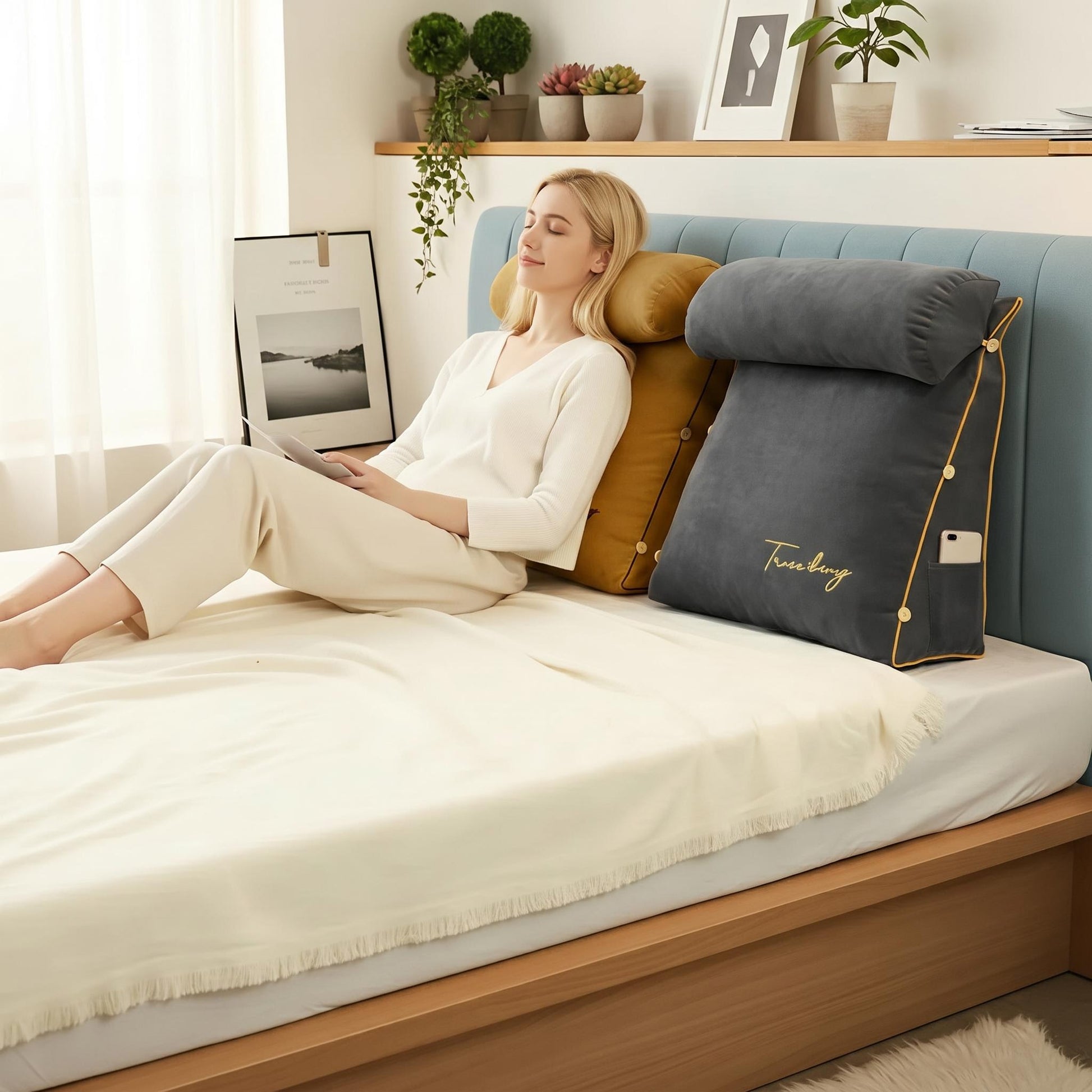 Woman relaxing in bed with a dark gray and mustard yellow ergonomic wedge pillow, featuring a phone pocket.