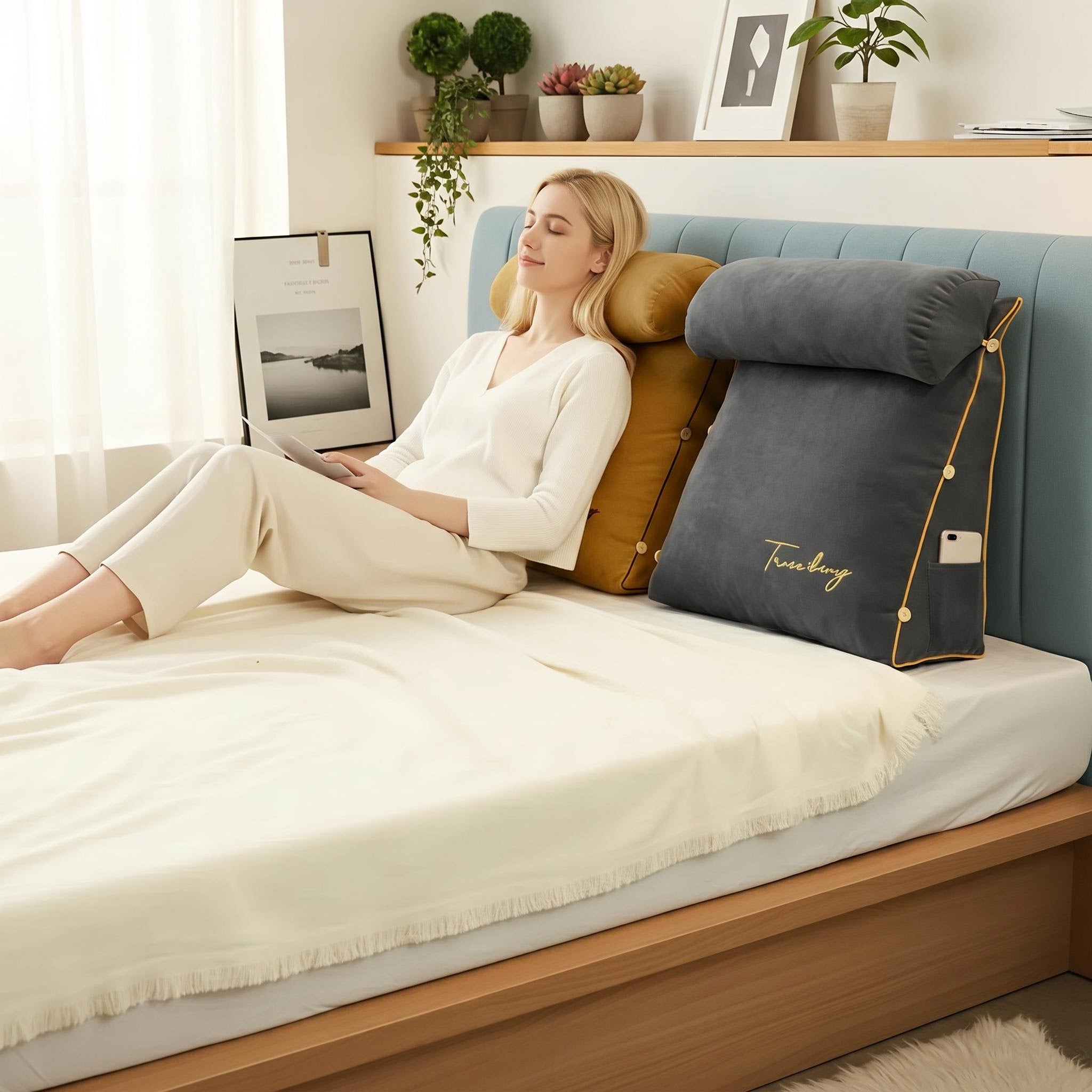 Woman relaxing in bed with a dark gray and mustard yellow ergonomic wedge pillow, featuring a phone pocket.