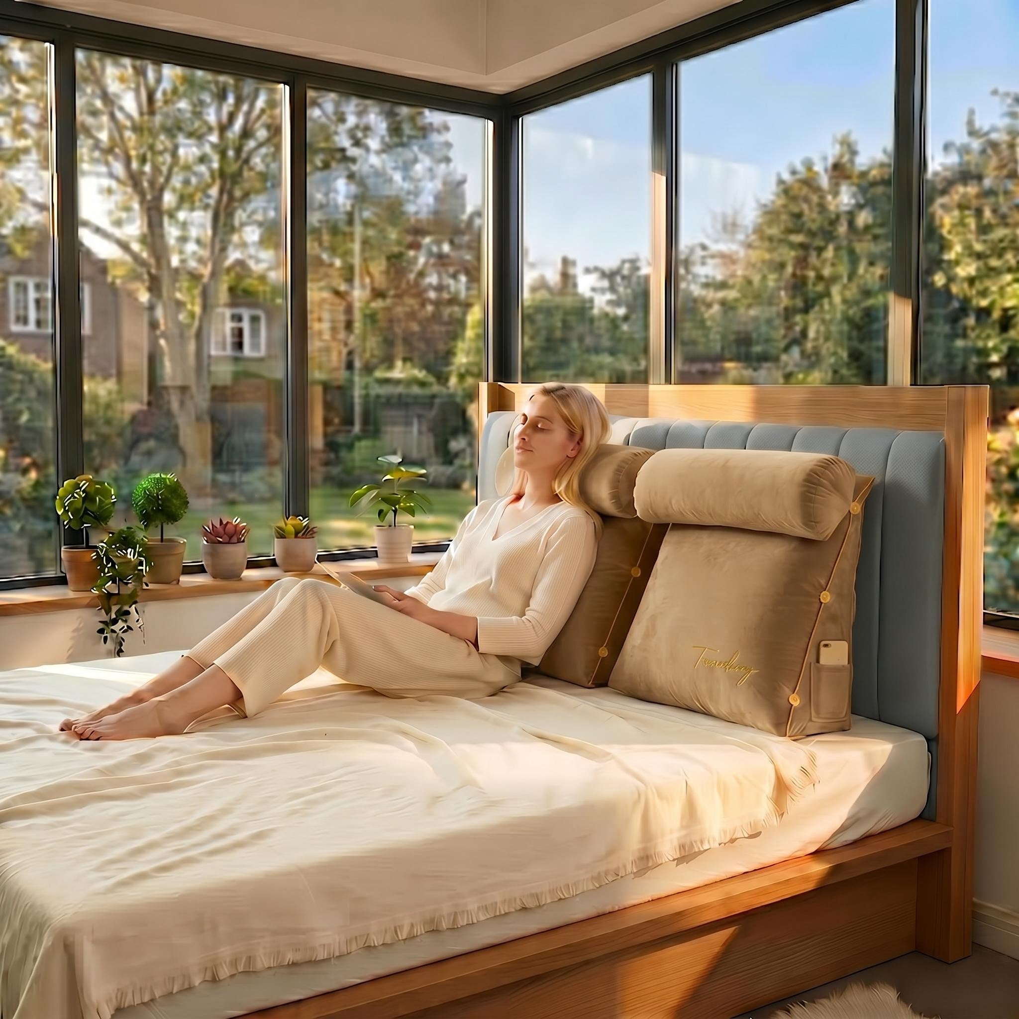 Woman relaxing on a bed with a beige ergonomic wedge lumbar support pillow, featuring a phone pocket.