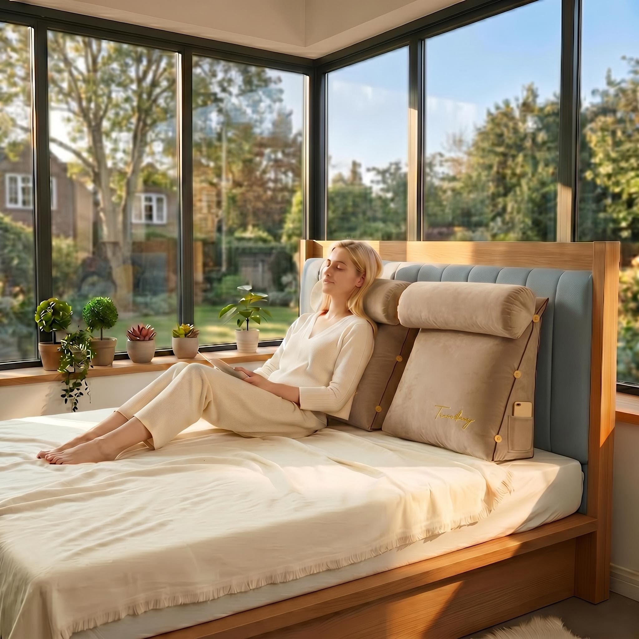 Beige ergonomic wedge pillow with bolster and side pocket supporting a woman relaxing in bed.
