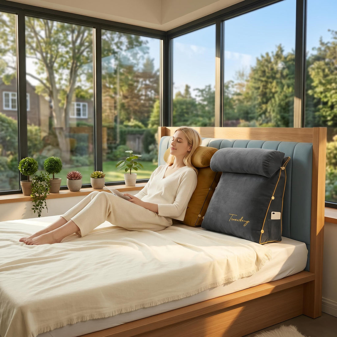 Woman relaxing on a bed with a gray ergonomic wedge pillow and a yellow lumbar support pillow.