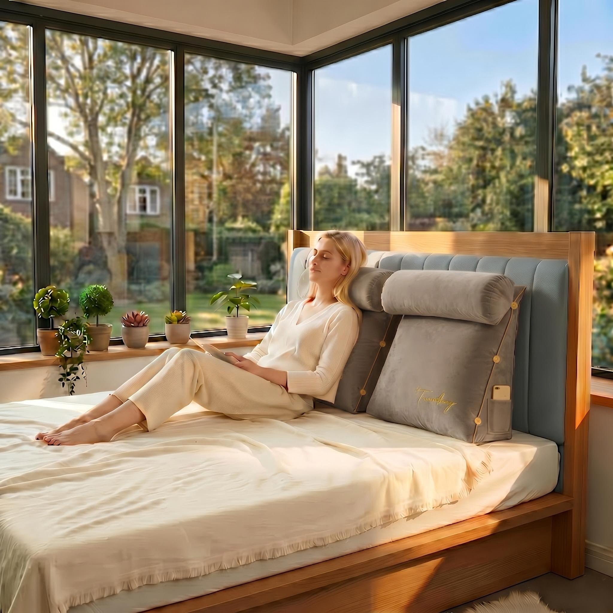 Woman relaxing on a bed with a gray ergonomic wedge pillow, featuring a bolster and side pocket.