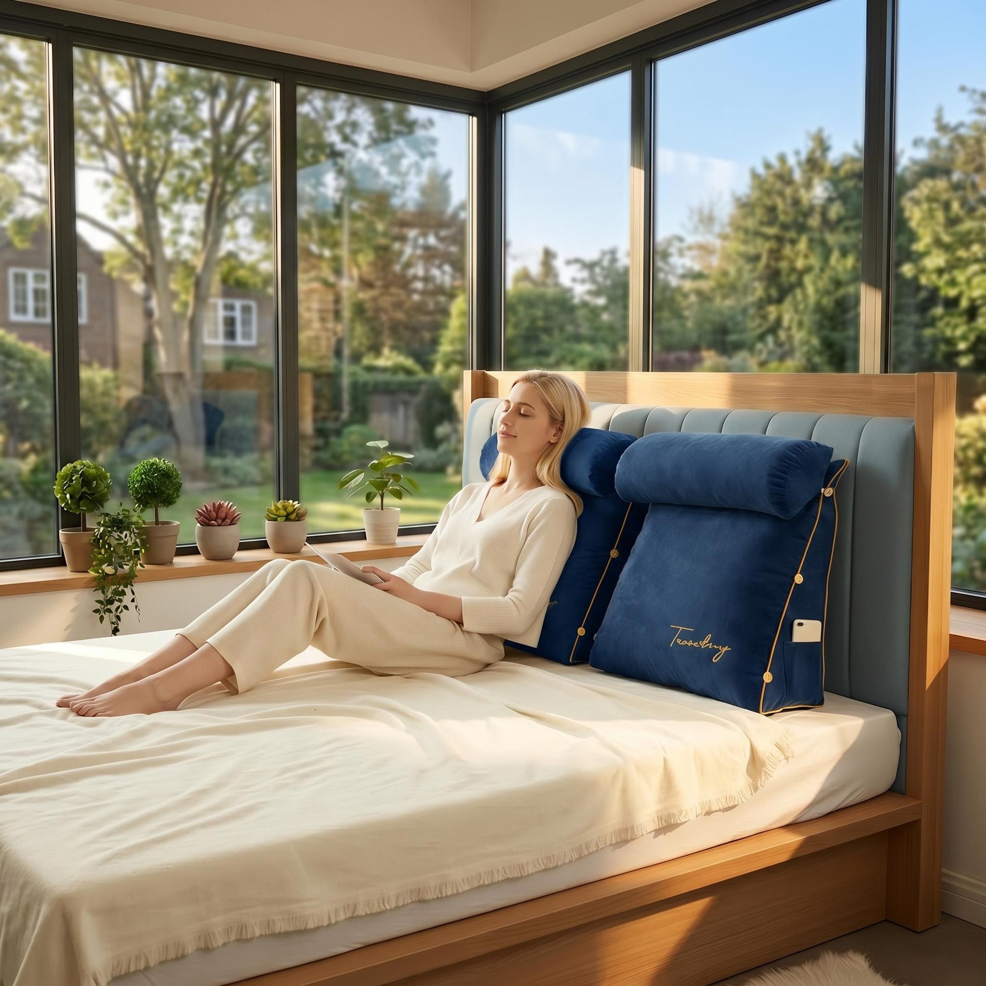 Woman relaxing in bed with a dark blue ergonomic wedge pillow with a bolster and side pocket.