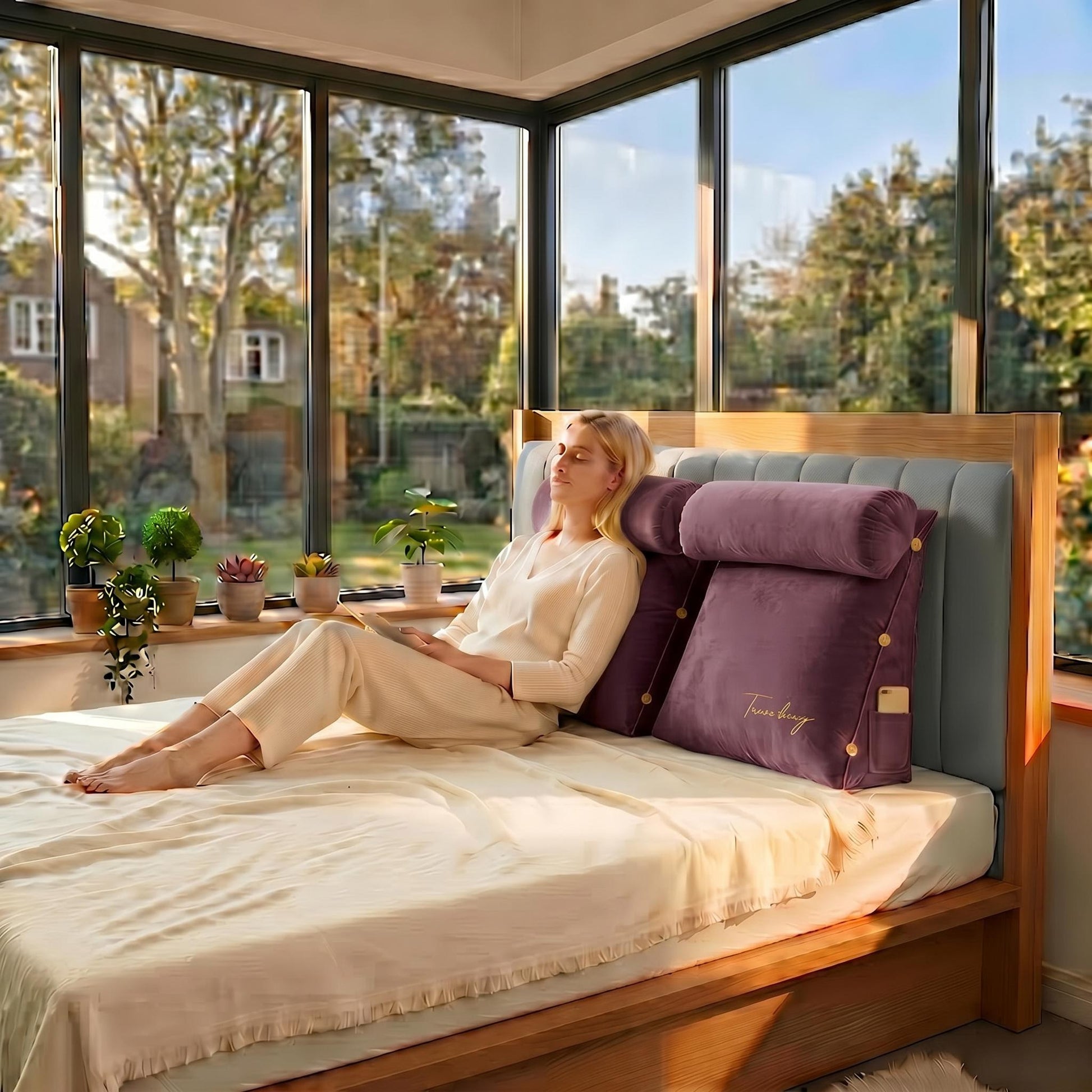 Woman relaxing on a bed with a purple ergonomic wedge pillow and bolster, enjoying natural light.