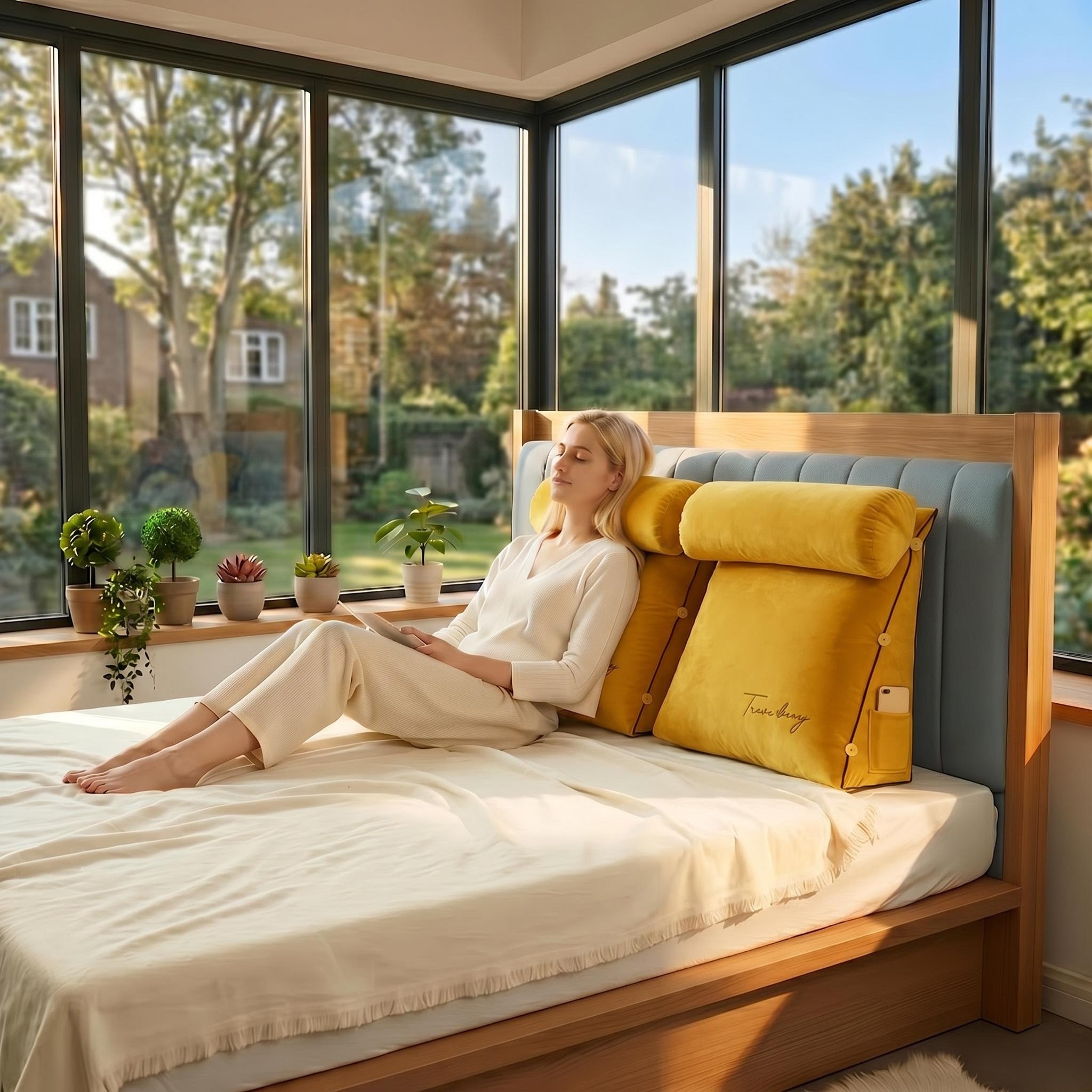 Woman relaxing on a bed with a yellow ergonomic wedge back support pillow, featuring a phone pocket.