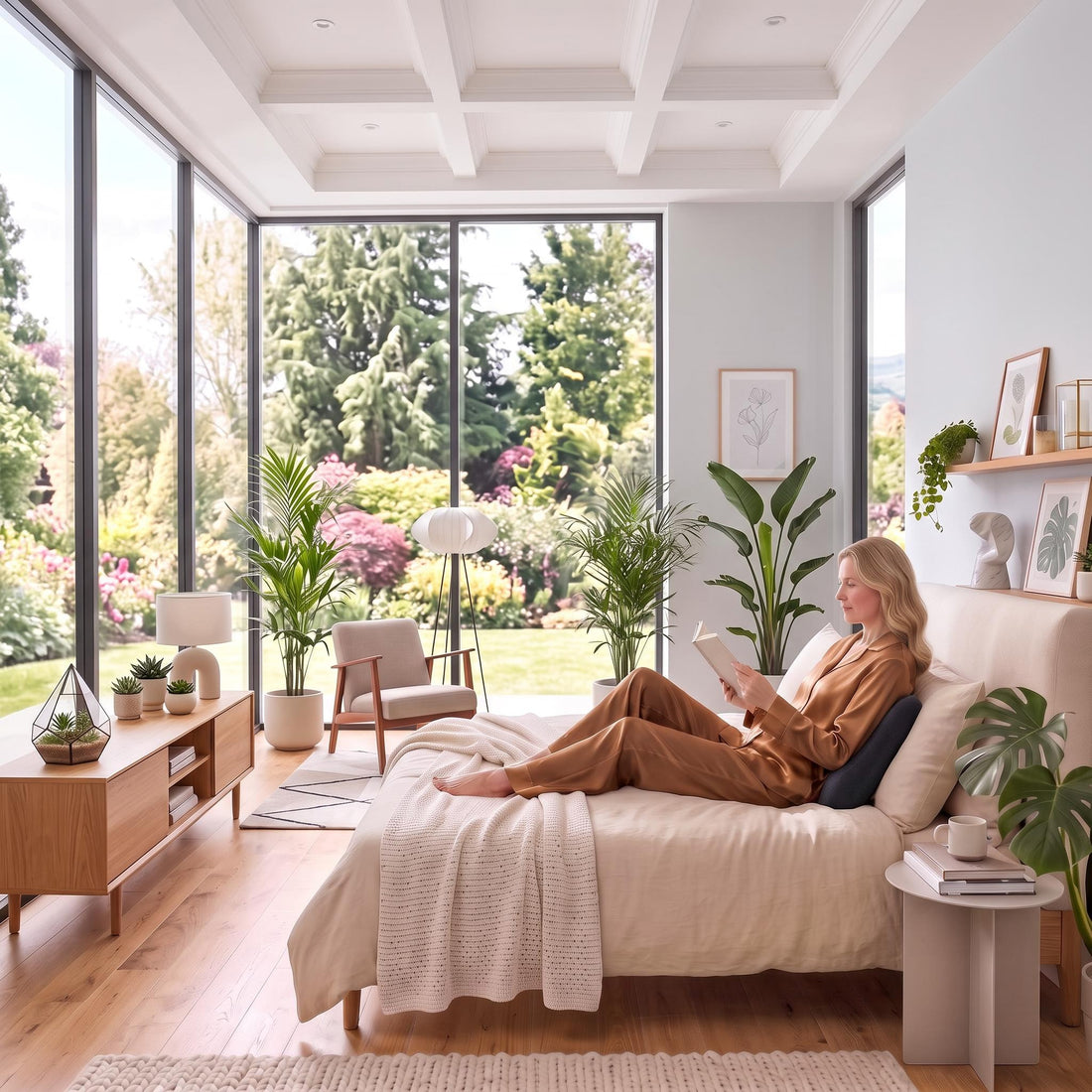 Woman sitting in a chair with a contoured black memory foam lumbar support pillow for lower back comfort.