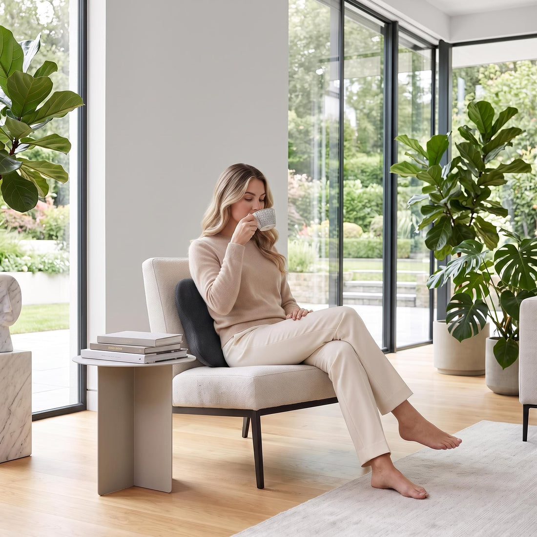 Woman sitting in a chair with a contoured black memory foam lumbar support pillow for lower back comfort.