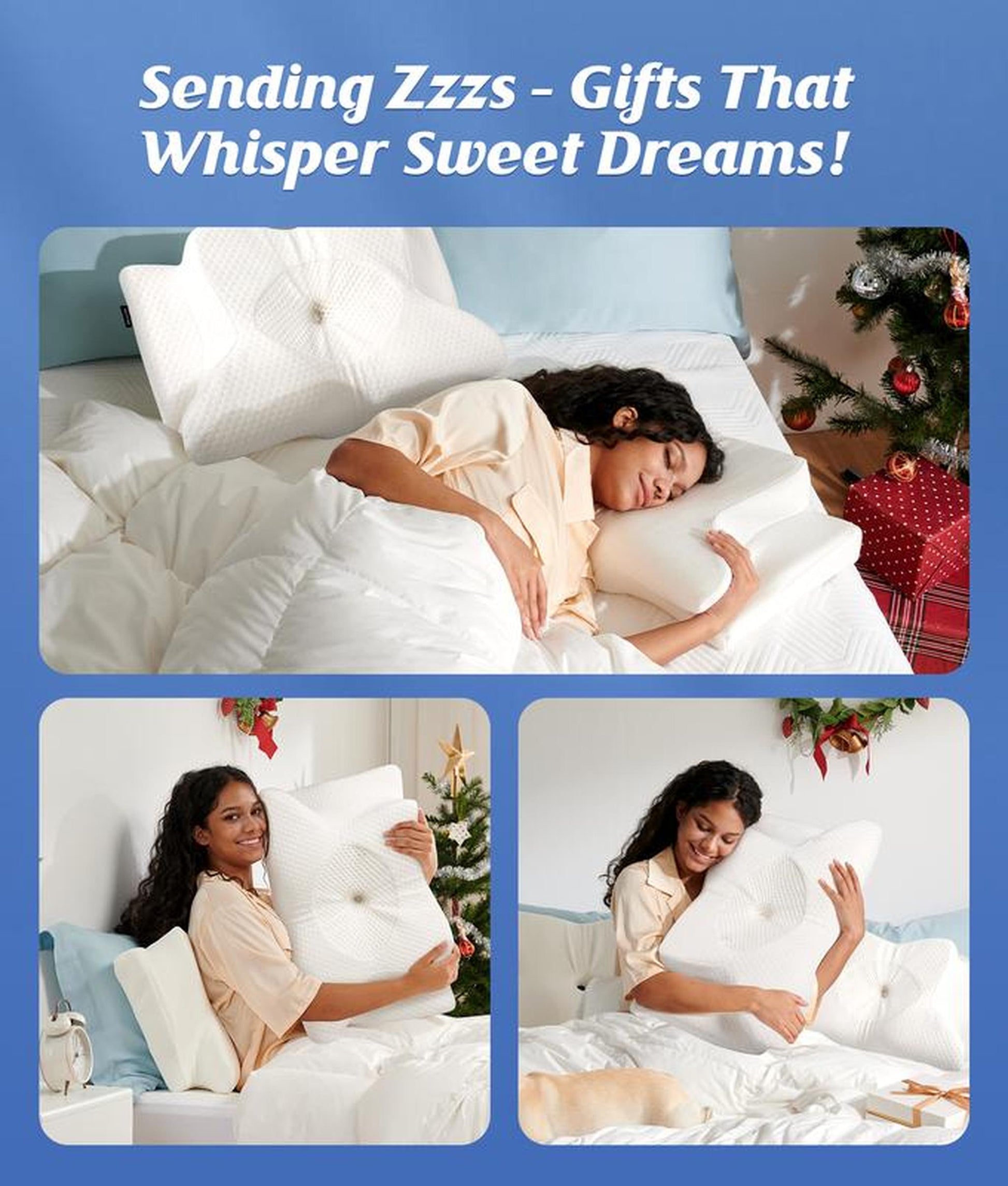 Woman sleeping soundly on a white butterfly-shaped memory foam neck pillow, with two other women holding the pillow.