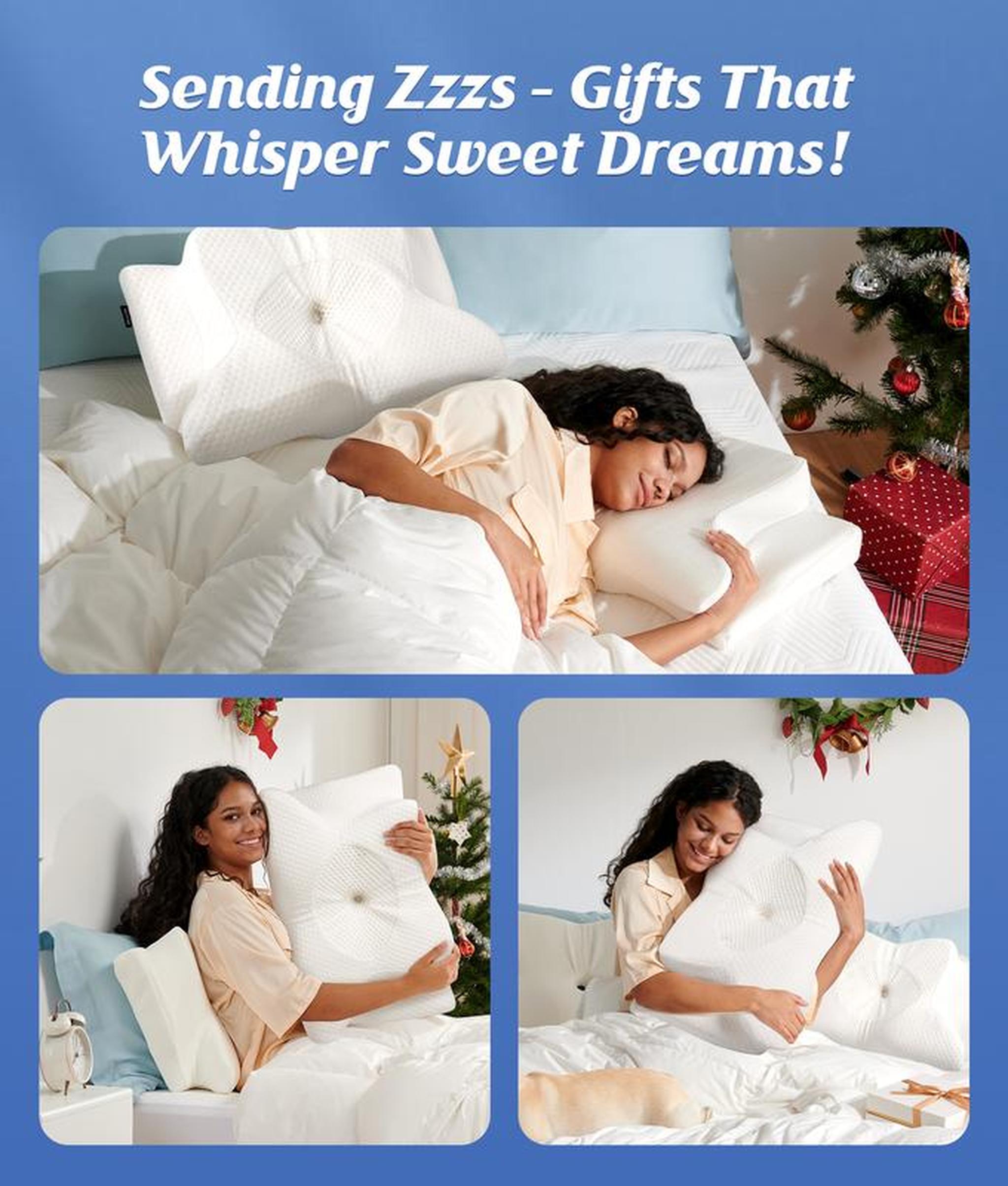 Woman sleeping soundly on a white butterfly-shaped memory foam neck pillow, with two other women holding the pillow.