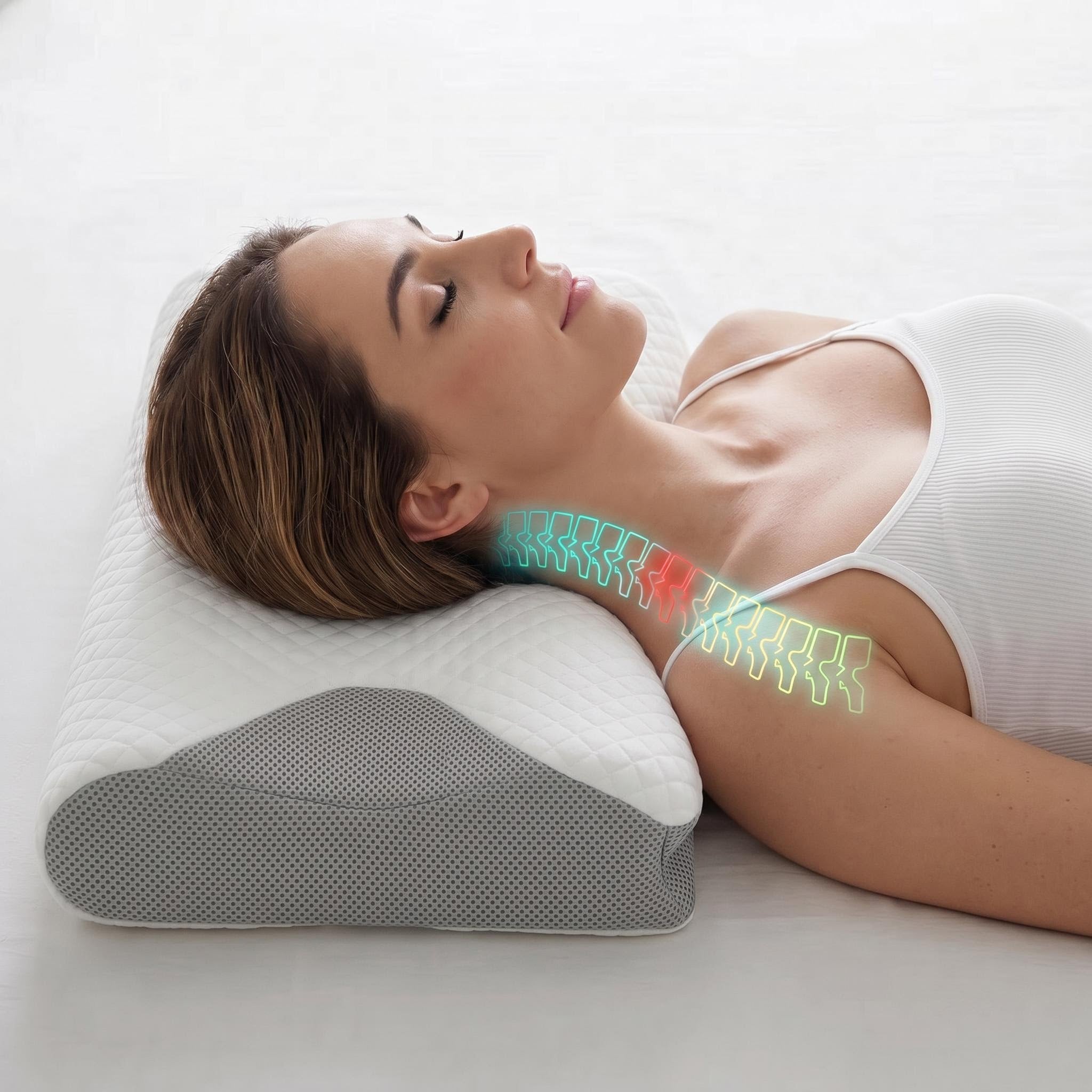 Woman sleeping on a white and grey ergonomic memory foam neck pillow with a butterfly shape.