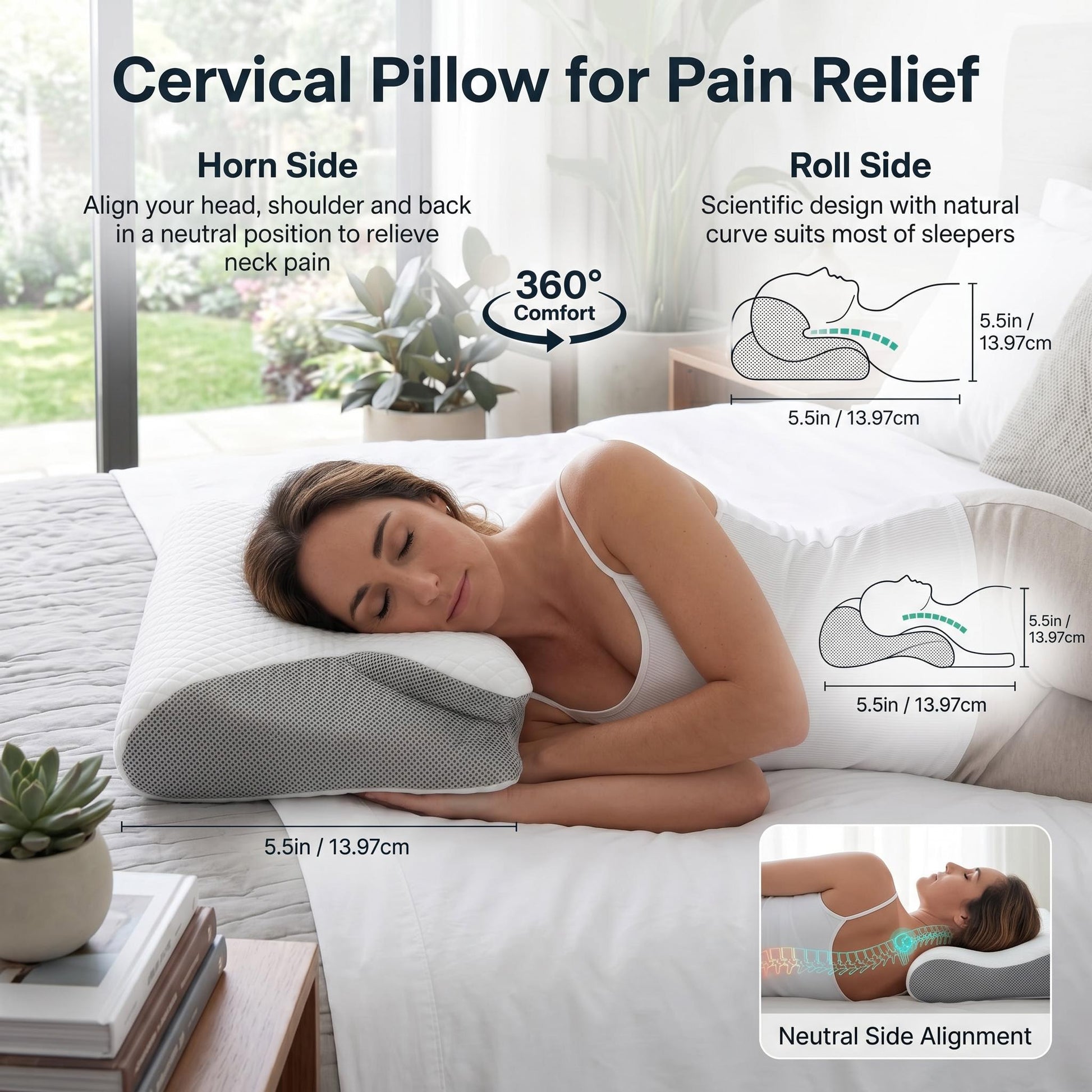 Woman sleeping on a white and gray ergonomic memory foam neck pillow with a butterfly shape.