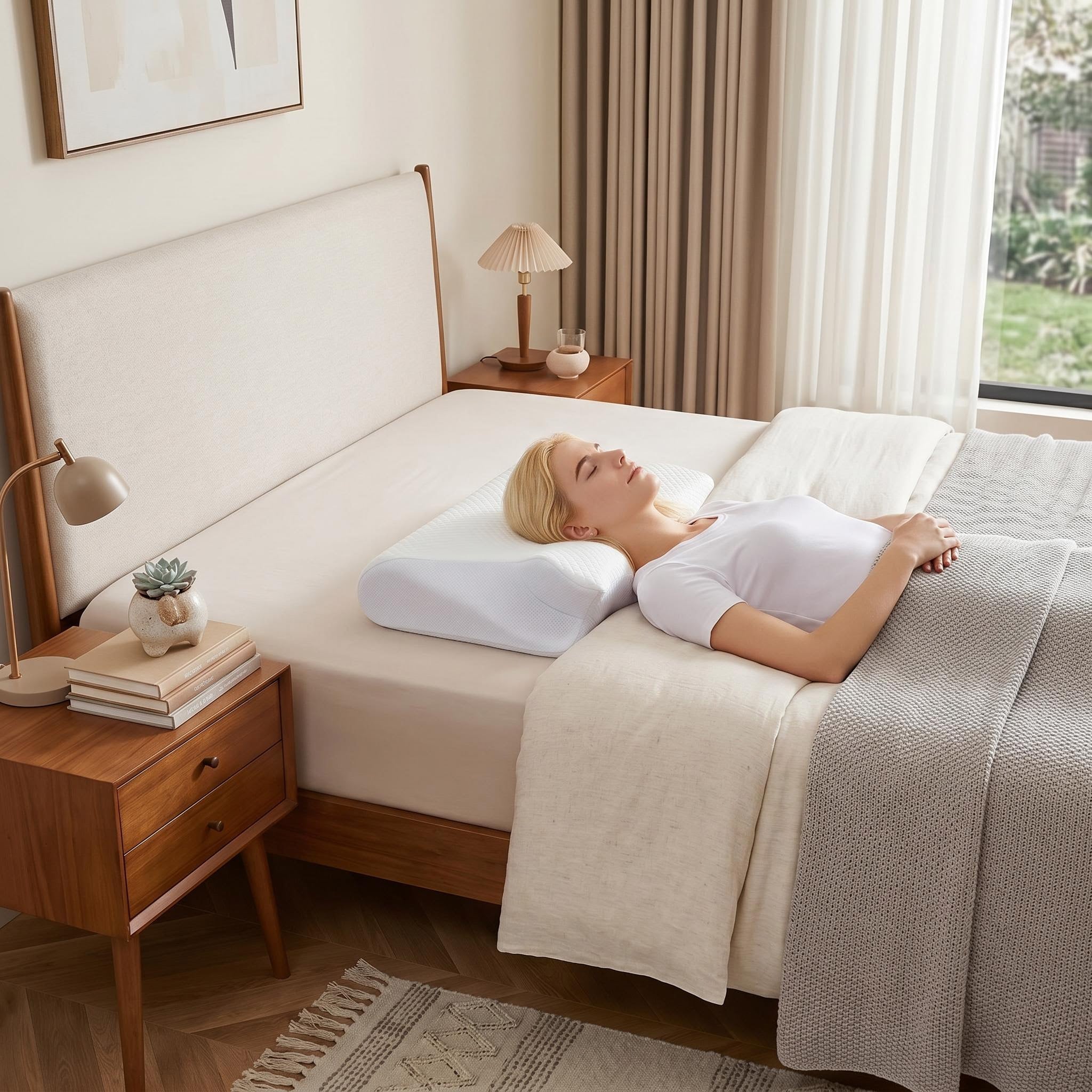 Woman sleeping peacefully on a white ergonomic butterfly-shaped memory foam neck pillow in a modern bedroom.