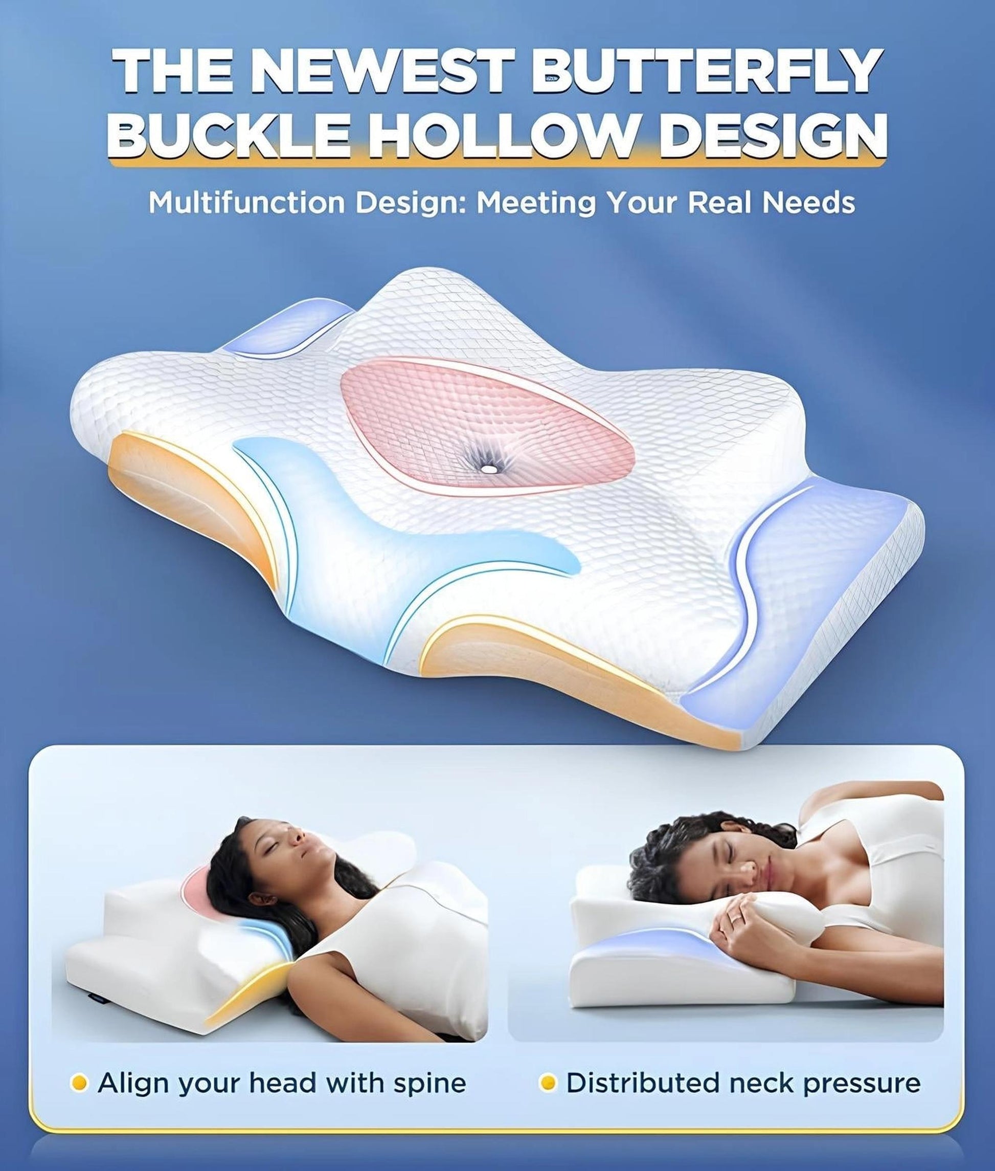 White butterfly-shaped memory foam neck pillow with ergonomic hollow design and buckle, shown with users.