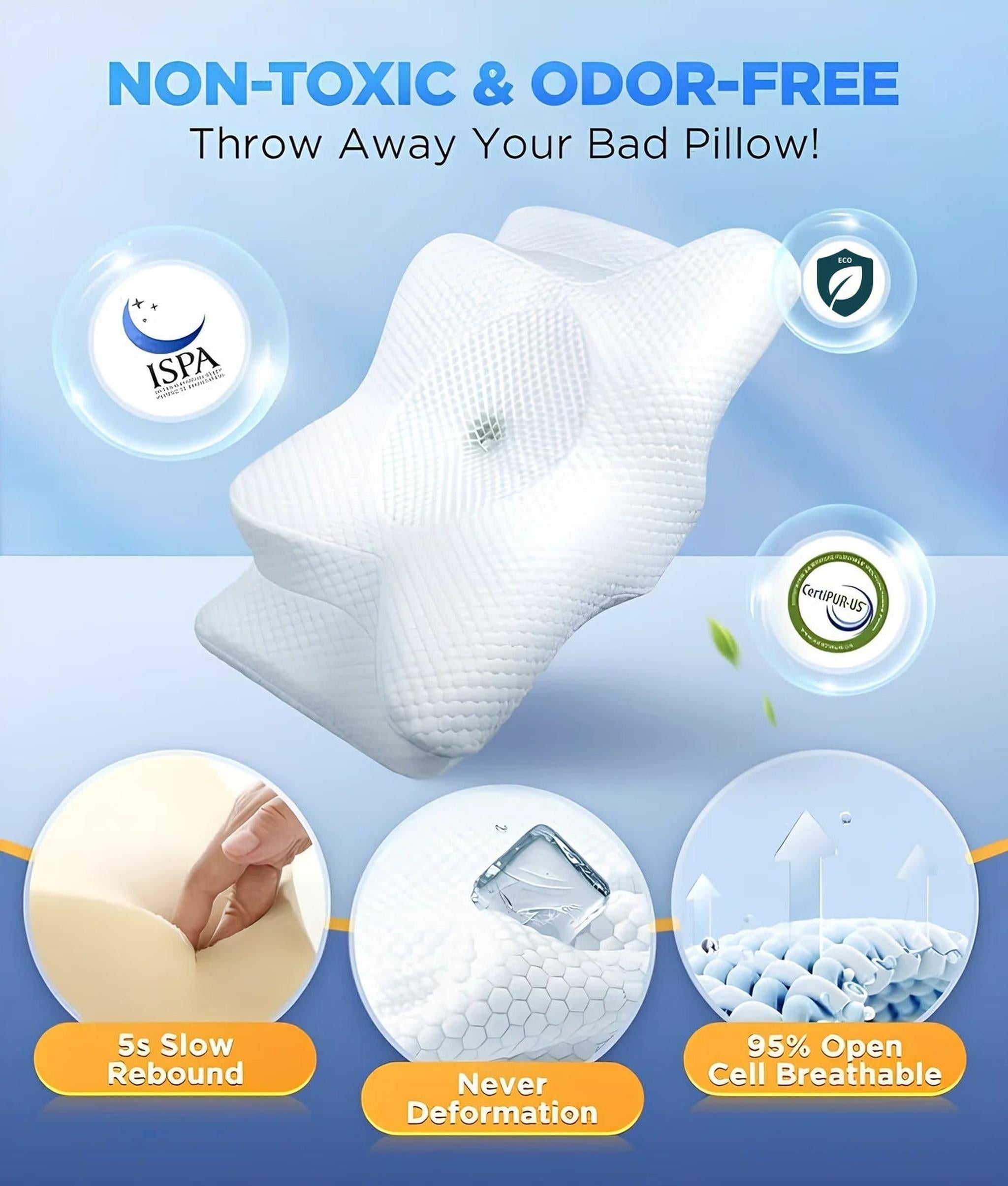 White ergonomic butterfly-shaped memory foam neck pillow with textured cover, highlighting its non-toxic, breathable design.