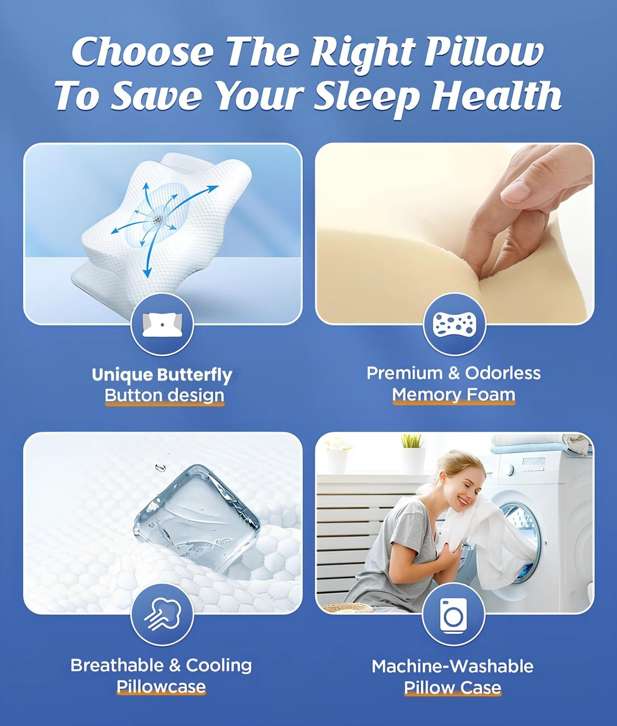 Four images showcasing a white butterfly-shaped memory foam neck pillow, its breathable cover, and washability.