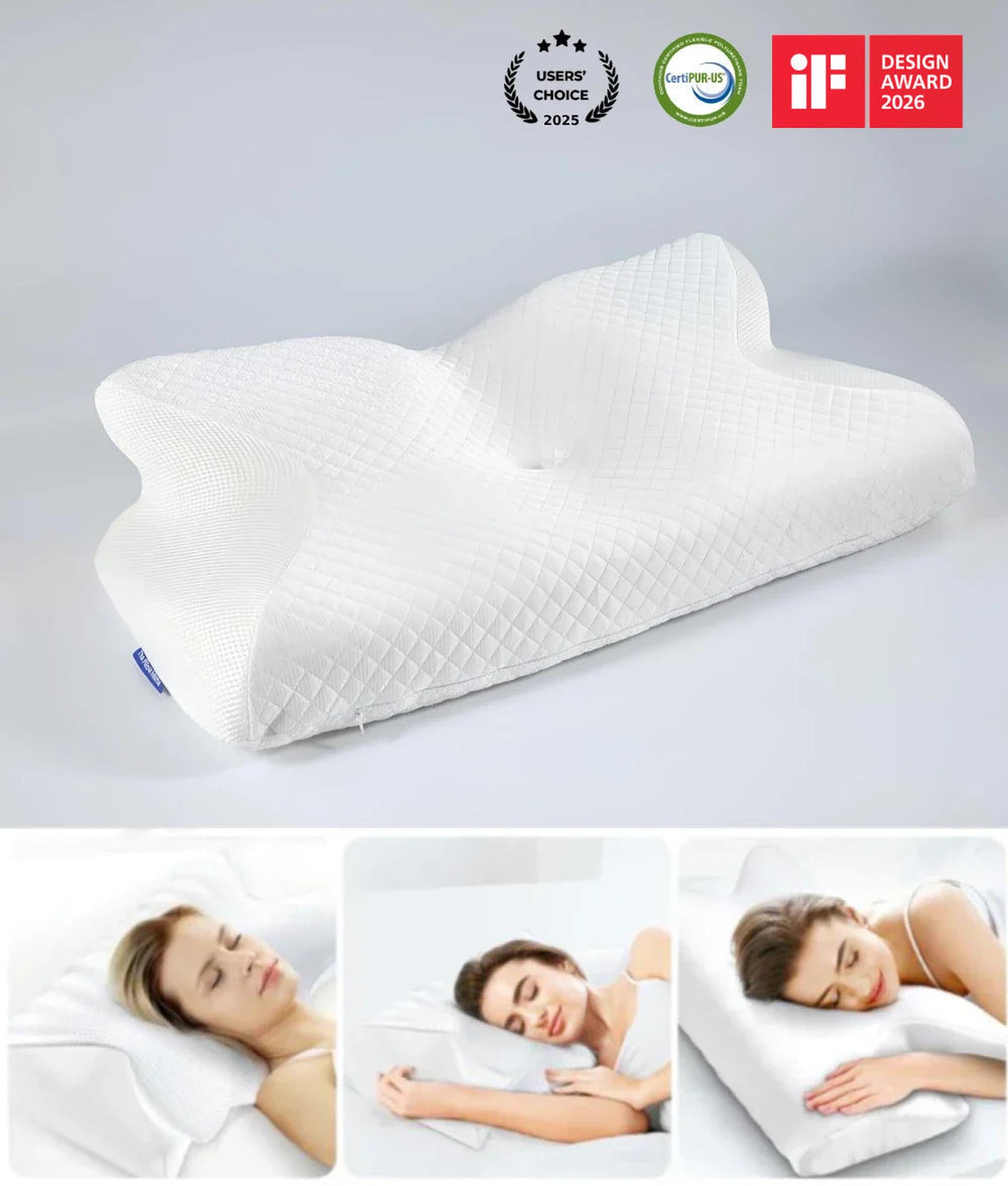 White ergonomic butterfly-shaped memory foam neck pillow with quilted texture, shown with users sleeping.