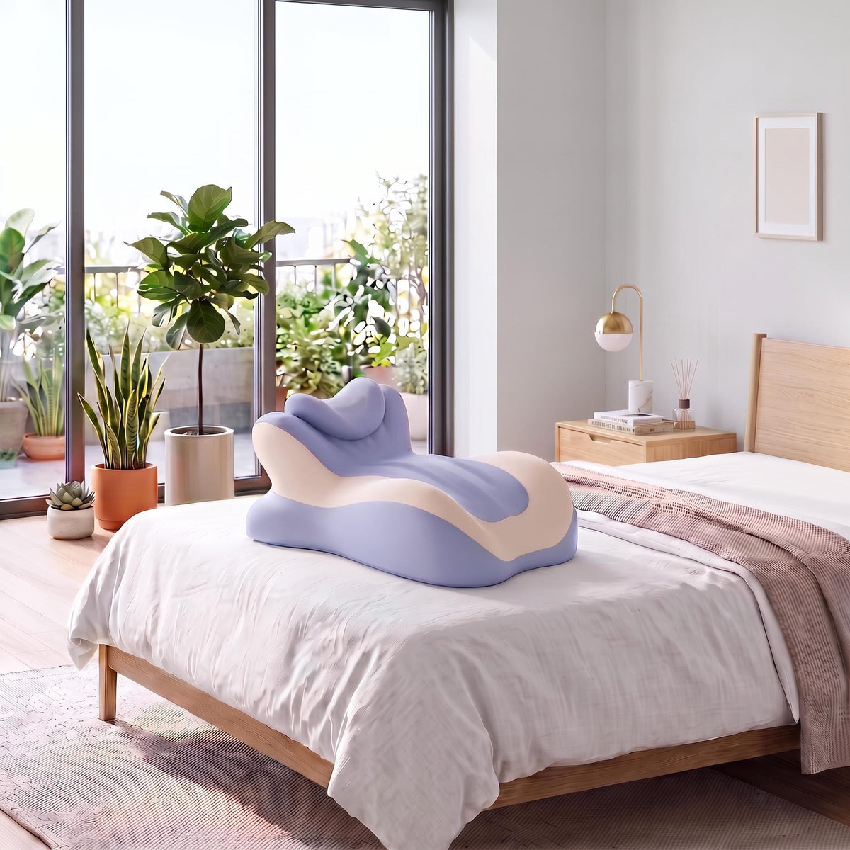 Blue and beige ergonomic memory foam reading pillow with headrest support placed on a white bed in a bright bedroom.