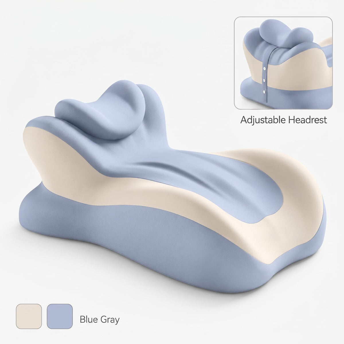 Blue and beige ergonomic memory foam reading pillow with an adjustable headrest for back and neck support.
