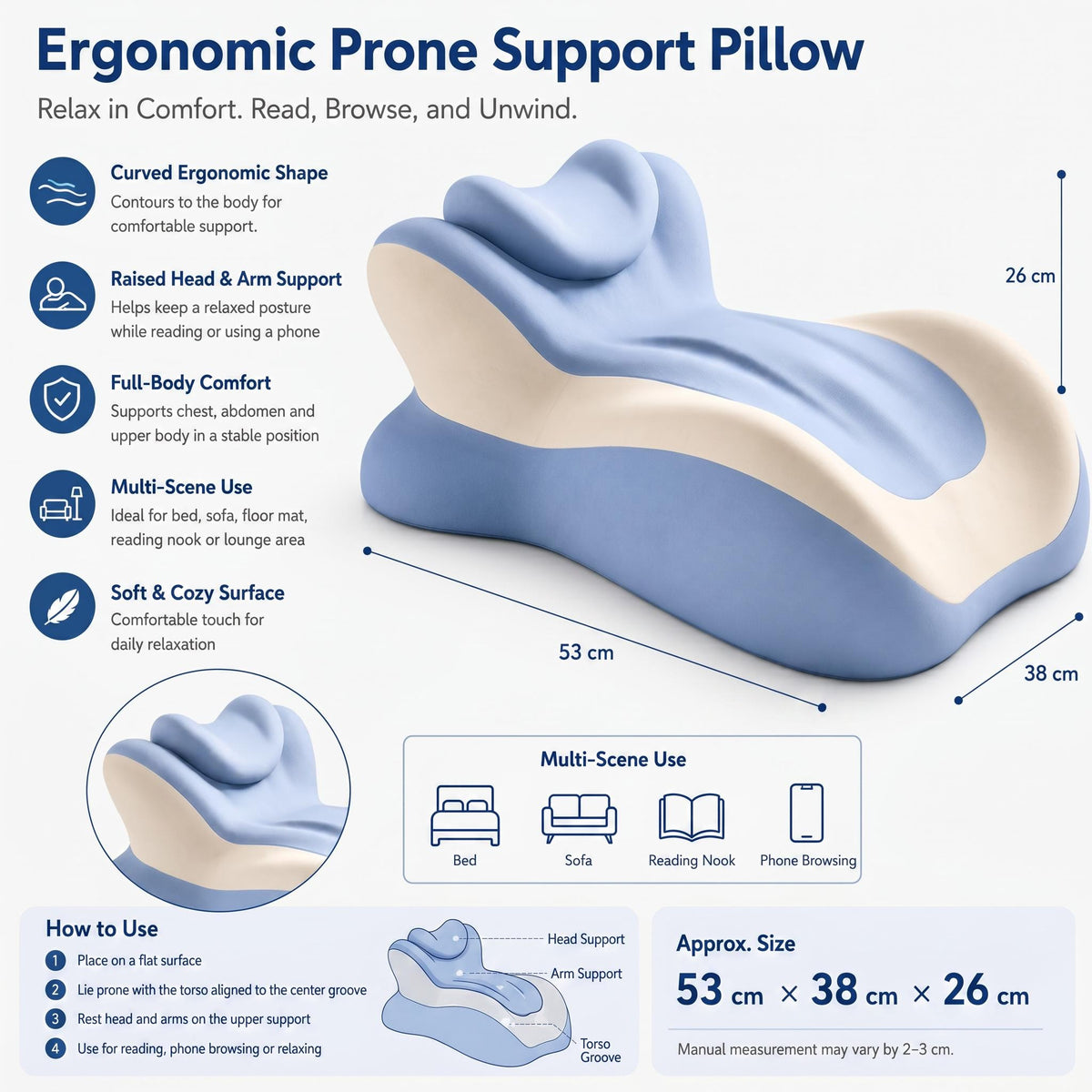 Blue and beige ergonomic memory foam prone support pillow with contoured head and arm rests for reading in bed.
