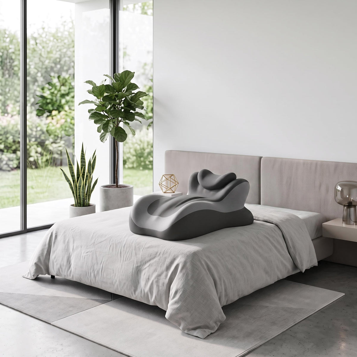 Gray ergonomic memory foam reading pillow with contoured backrest support placed on a modern bed in a bright bedroom.