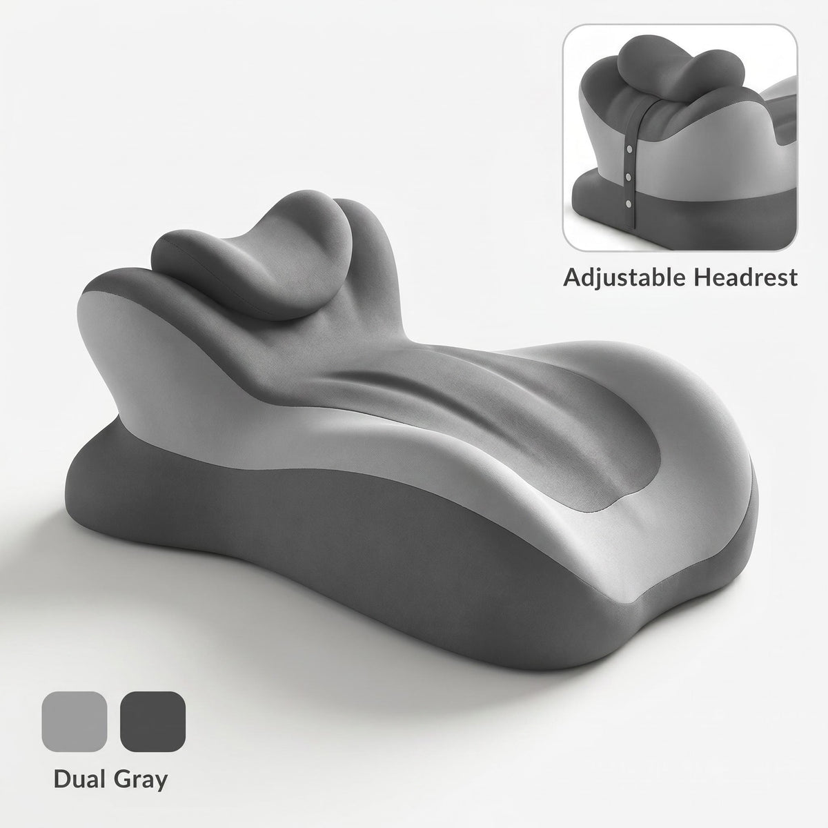 Gray ergonomic memory foam reading pillow with an adjustable headrest and contoured backrest support for bed.
