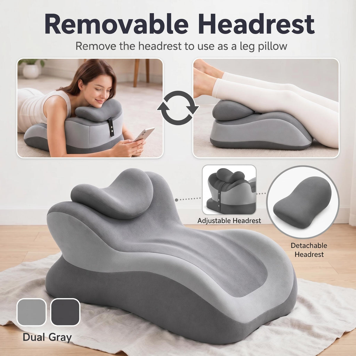 Gray ergonomic memory foam reading pillow with a detachable headrest for back, neck, or leg support.