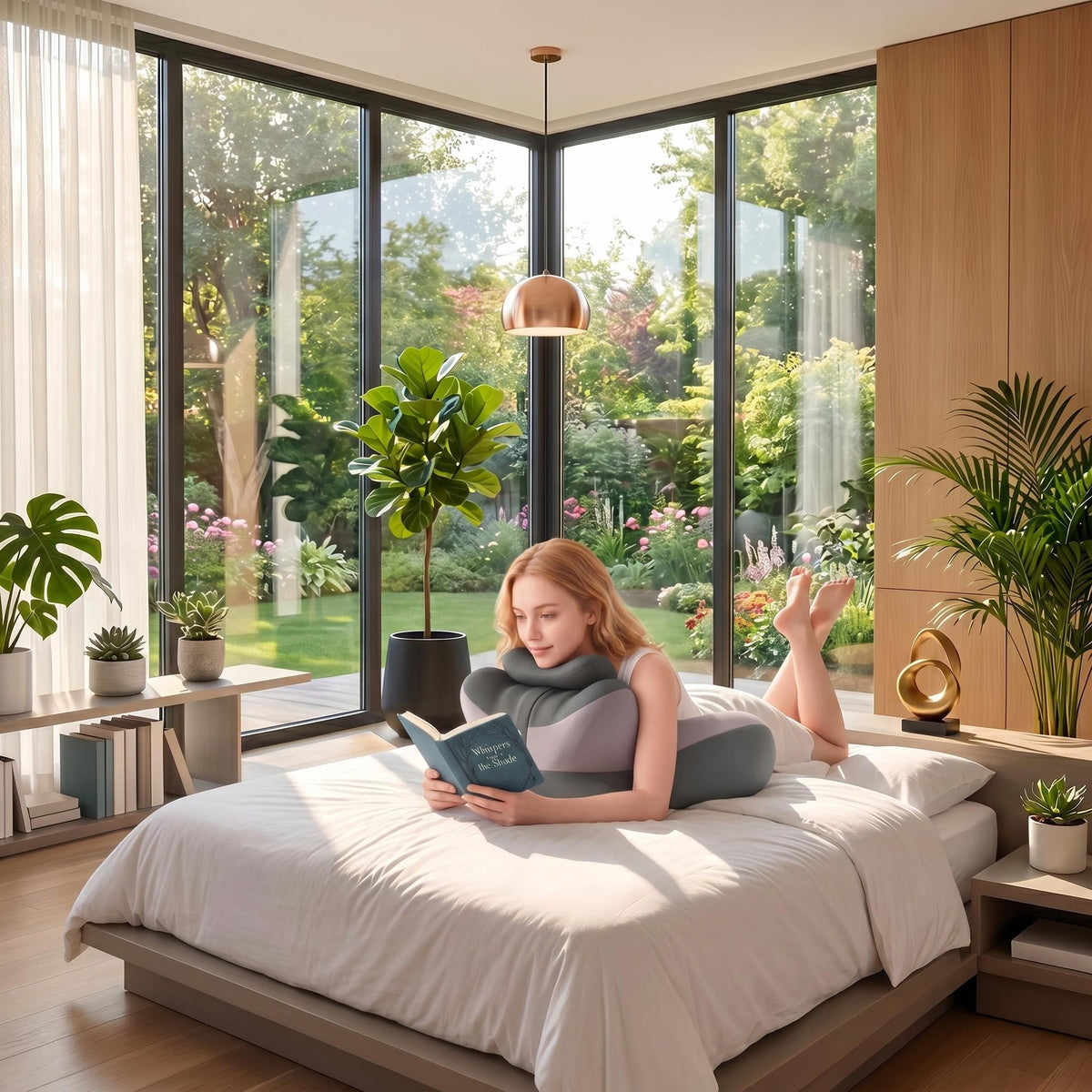 Gray ergonomic memory foam reading pillow providing back support for a woman reading on a bed in a sunlit room.