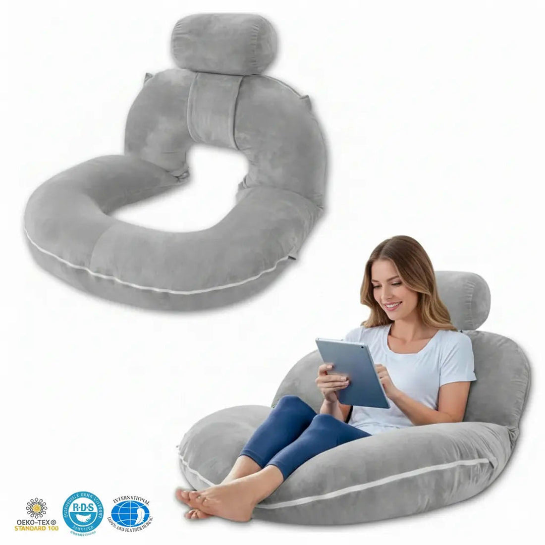 Ergonomic U-Shaped Reading Pillow - Bed Backrest Cushion with Arms-Pillows-Glompi-Gray-Glompi