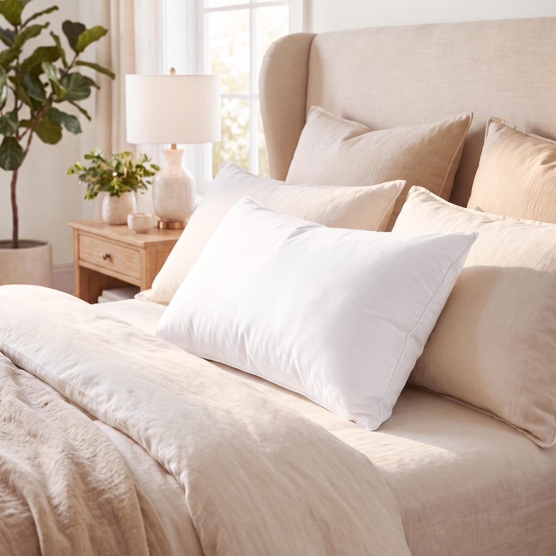 Woman sitting on a bed reading a magazine, leaning against a soft, white polyester bed pillow in a cozy bedroom.