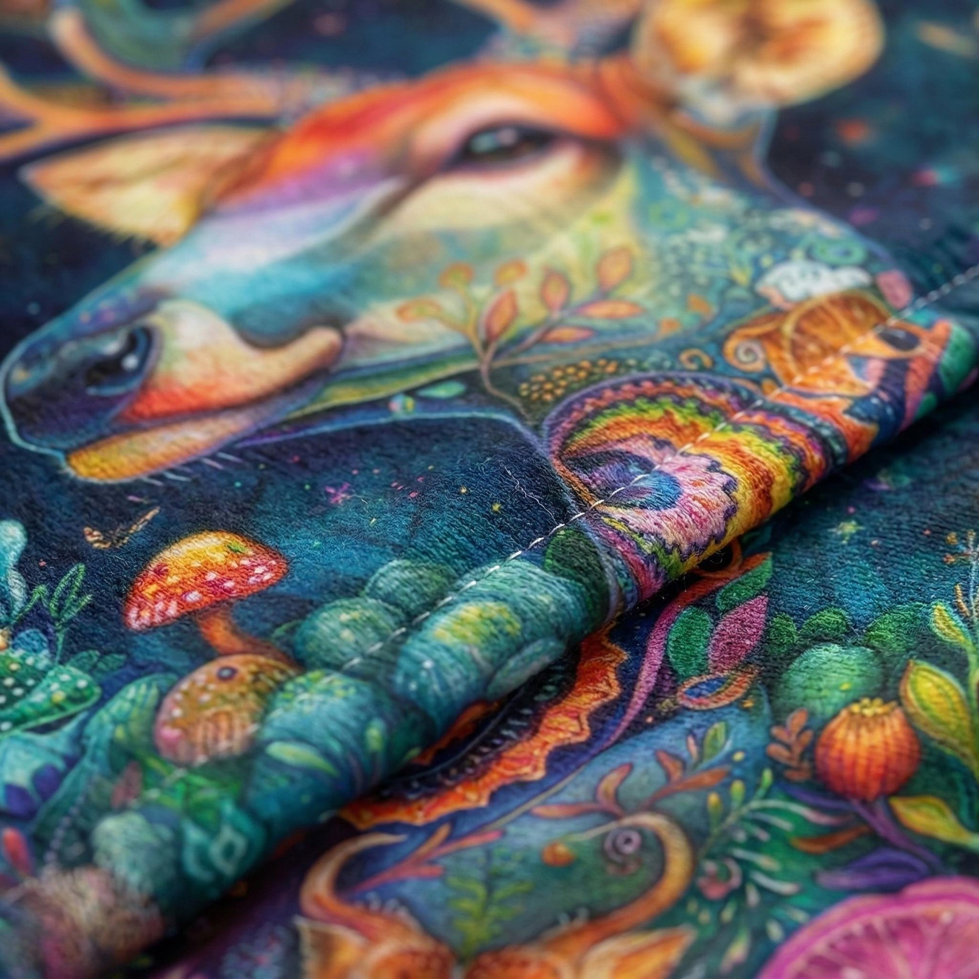 Fantasy Forest flannel blanket with a colorful deer, mushrooms, and whimsical nature motifs.