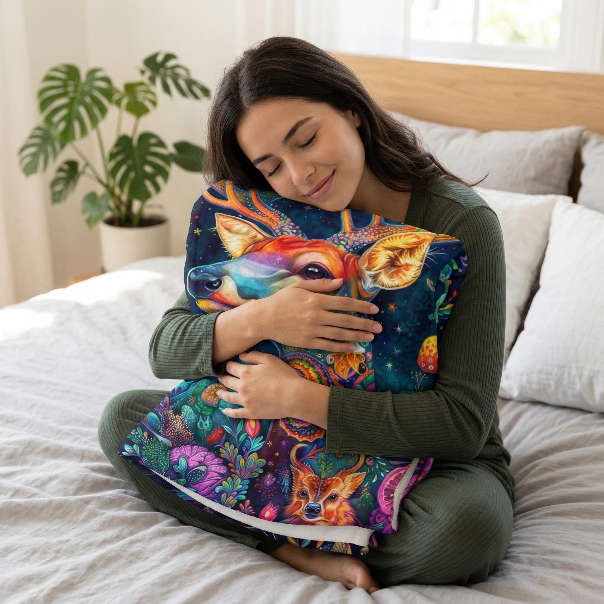Woman hugging a vibrant Fantasy Forest blanket with a colorful deer, flowers, and mushrooms design.