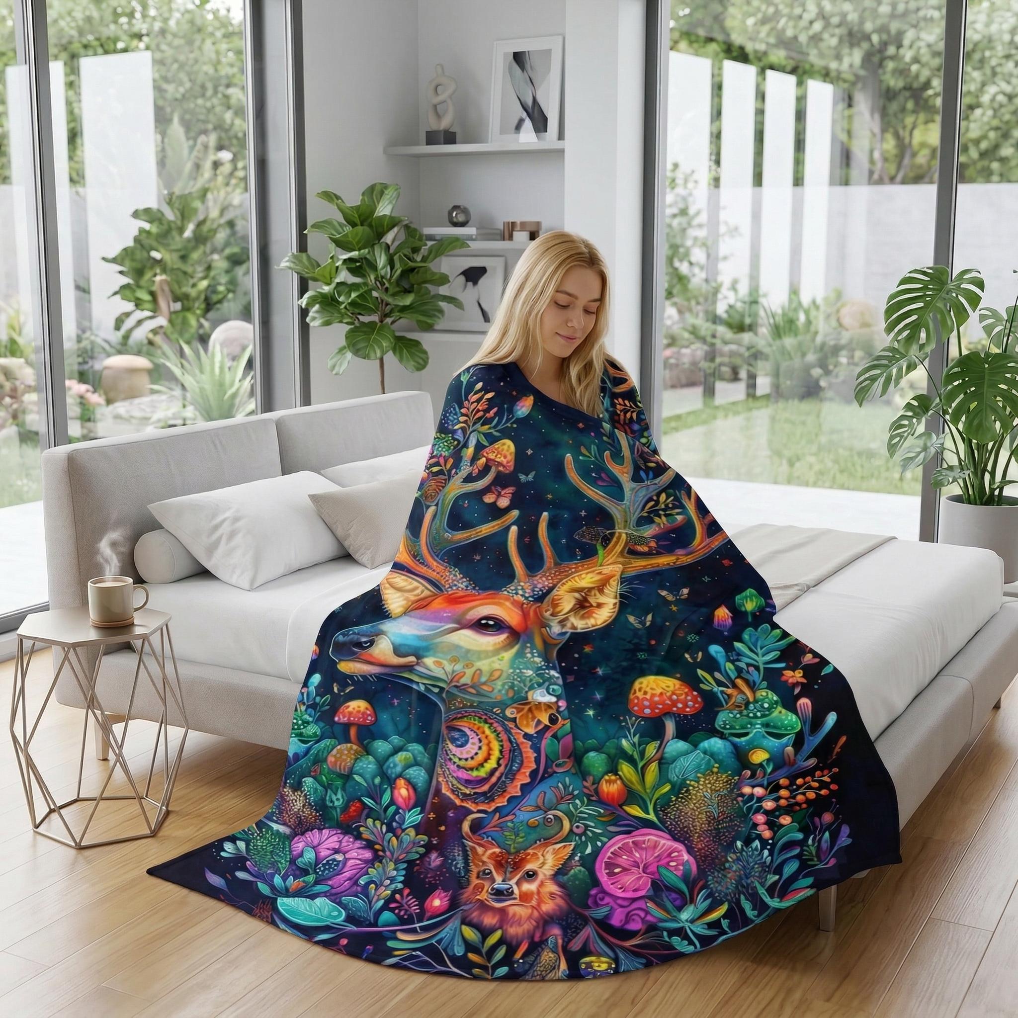 Fantasy Forest flannel blanket with colorful deer, mushrooms, and flowers, draped over a woman on a bed.