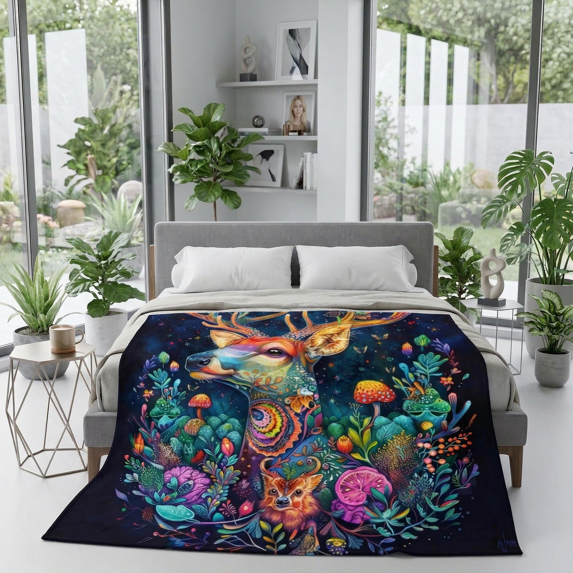Fantasy Forest Blanket with a vibrant, colorful deer, flowers, and mushrooms design on soft flannel.