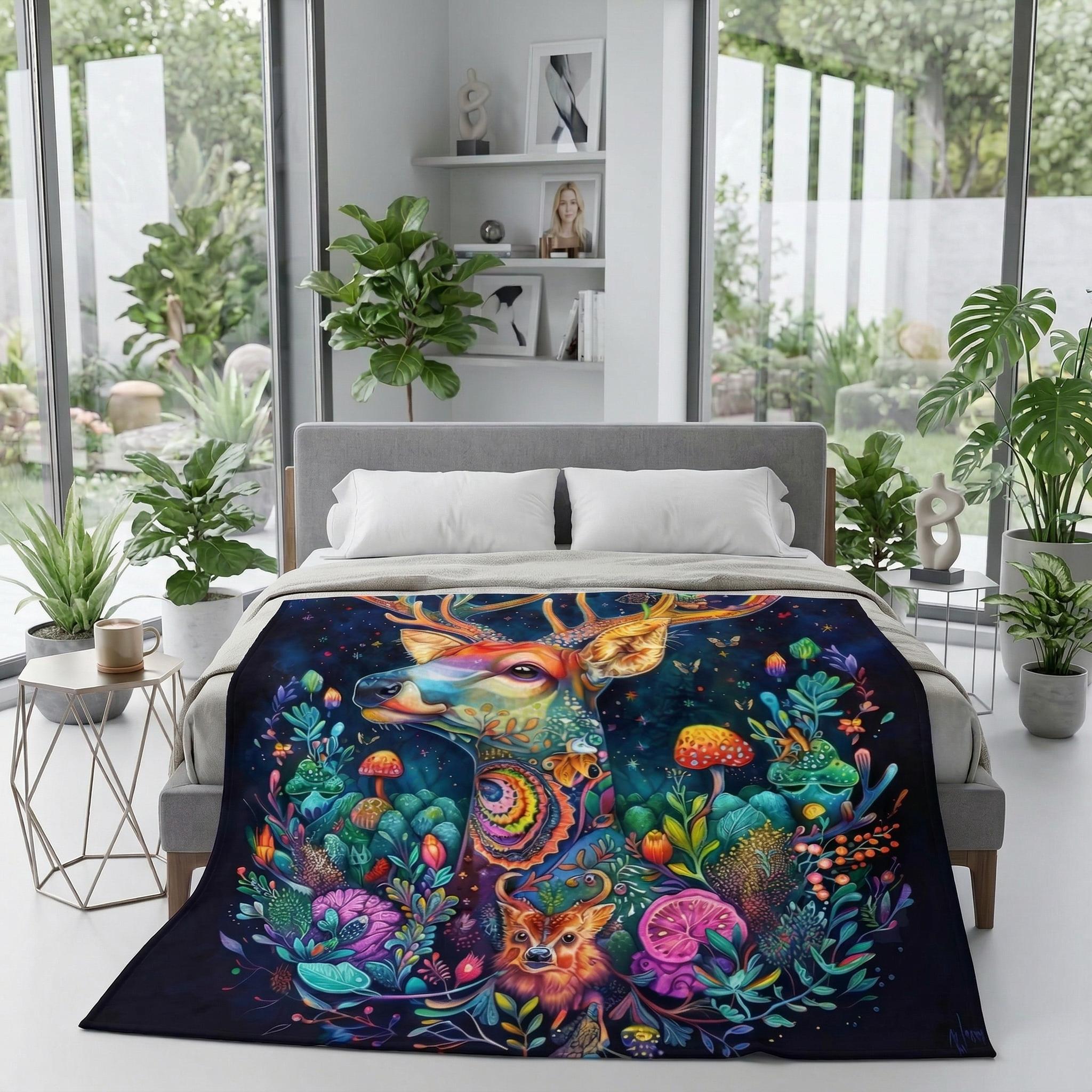 Fantasy Forest Blanket with a vibrant, colorful deer, flowers, and mushrooms design on soft flannel.