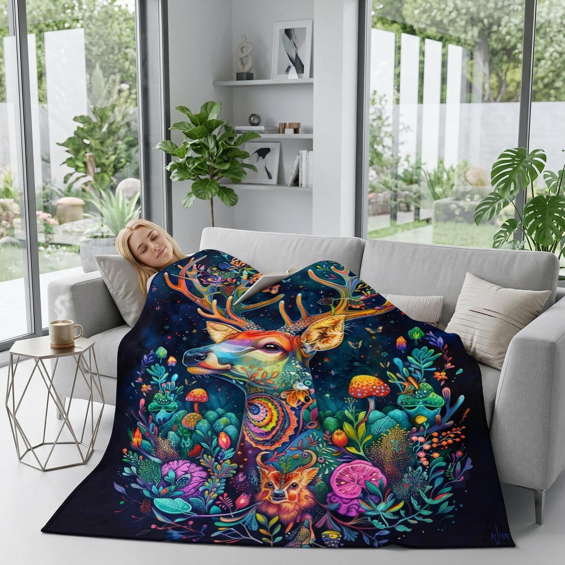Fantasy Forest flannel blanket with colorful deer, flowers, and mushrooms, draped over a woman on a sofa.