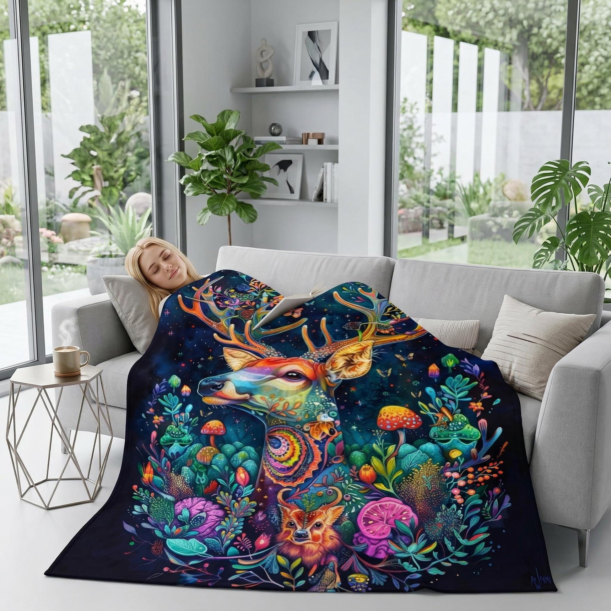 Fantasy Forest flannel blanket with colorful deer, flowers, and mushrooms, draped over a woman on a sofa.