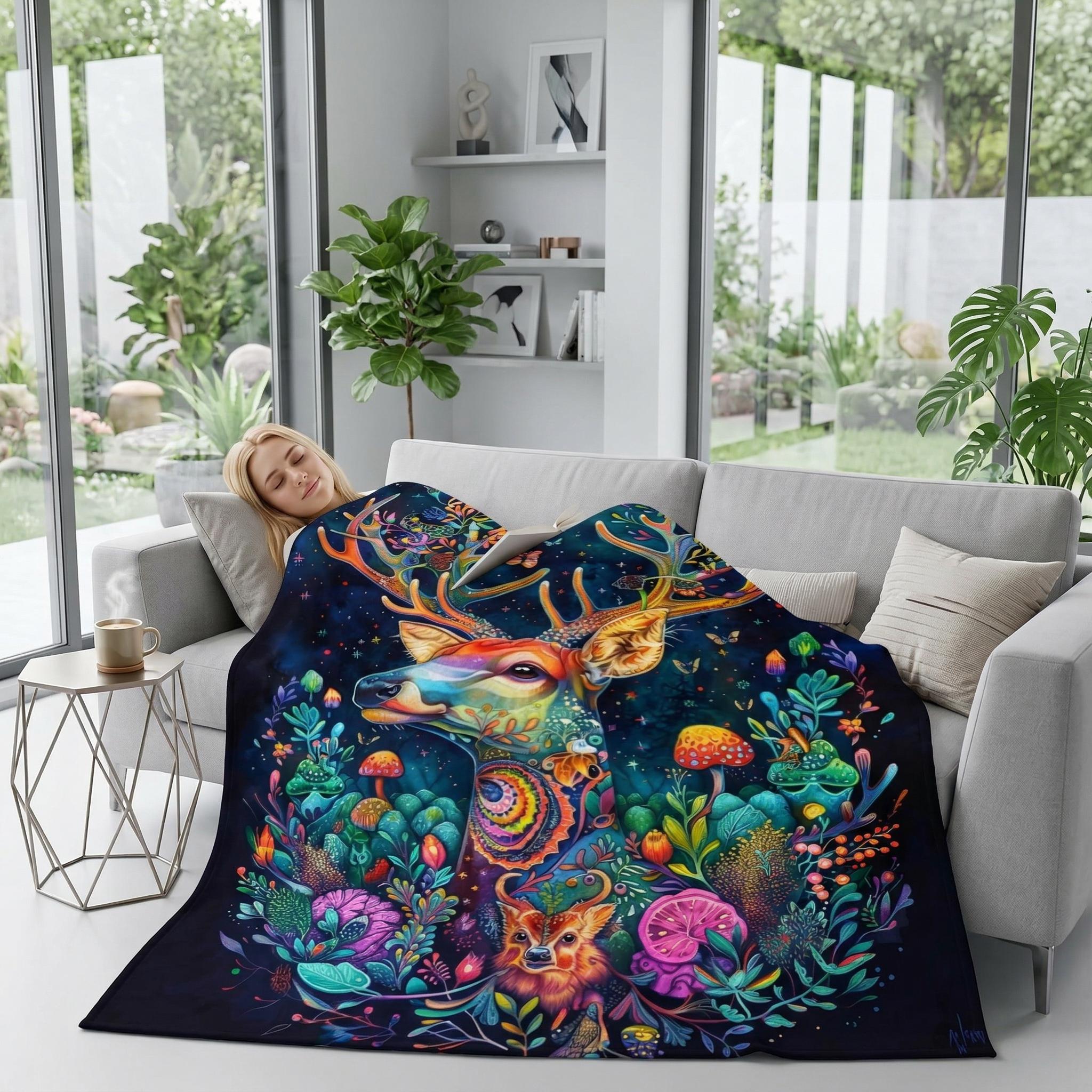 Fantasy Forest flannel blanket with colorful deer, flowers, and mushrooms, draped over a woman on a sofa.