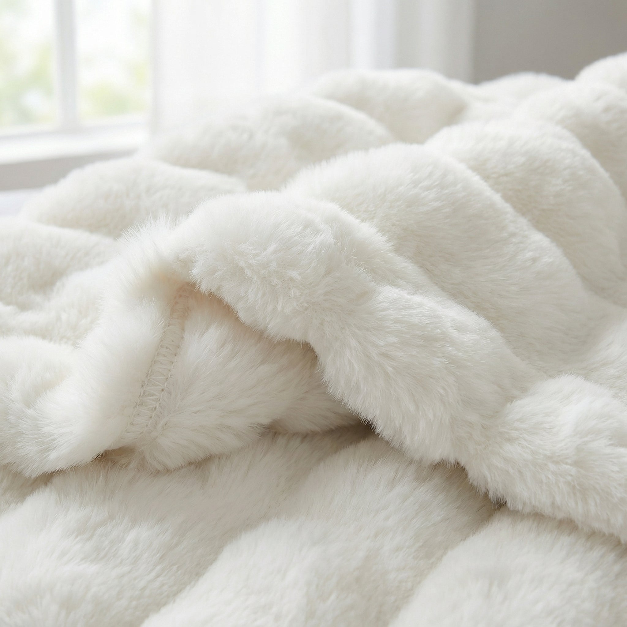 Plush white faux fur striped throw blanket, soft and cozy, draped on a bed.