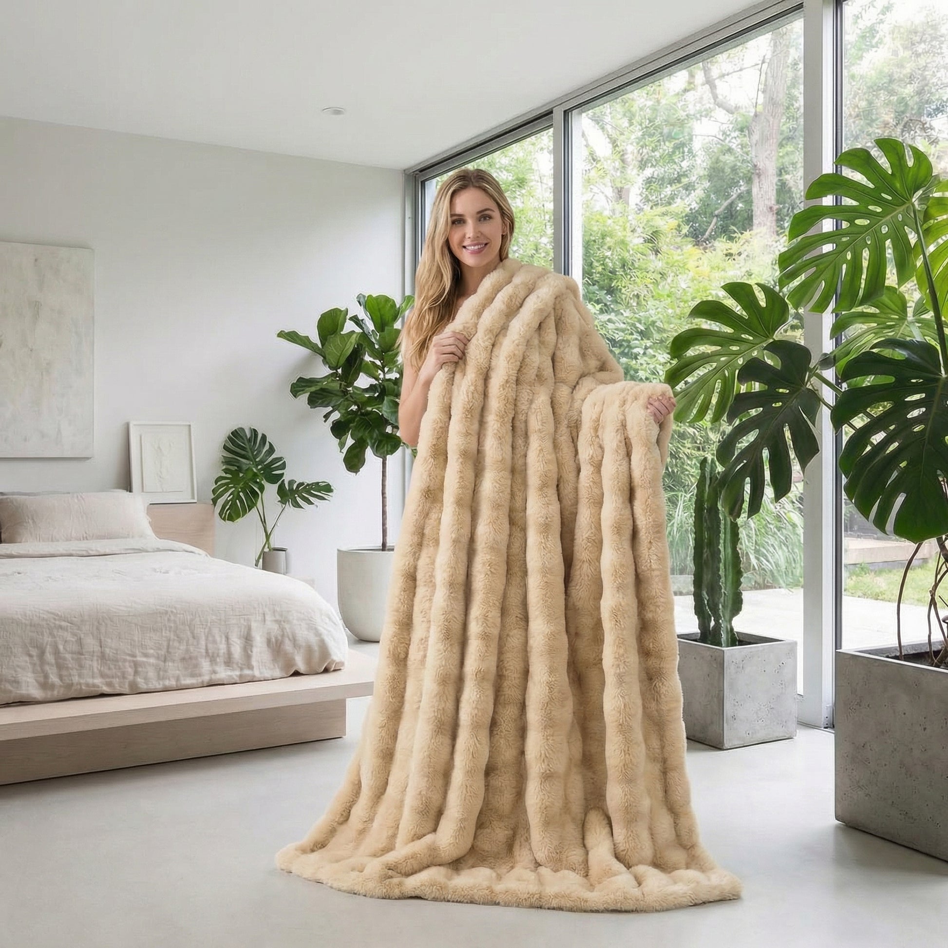 Smiling woman holding a large, plush beige faux fur striped throw blanket in a modern bedroom.