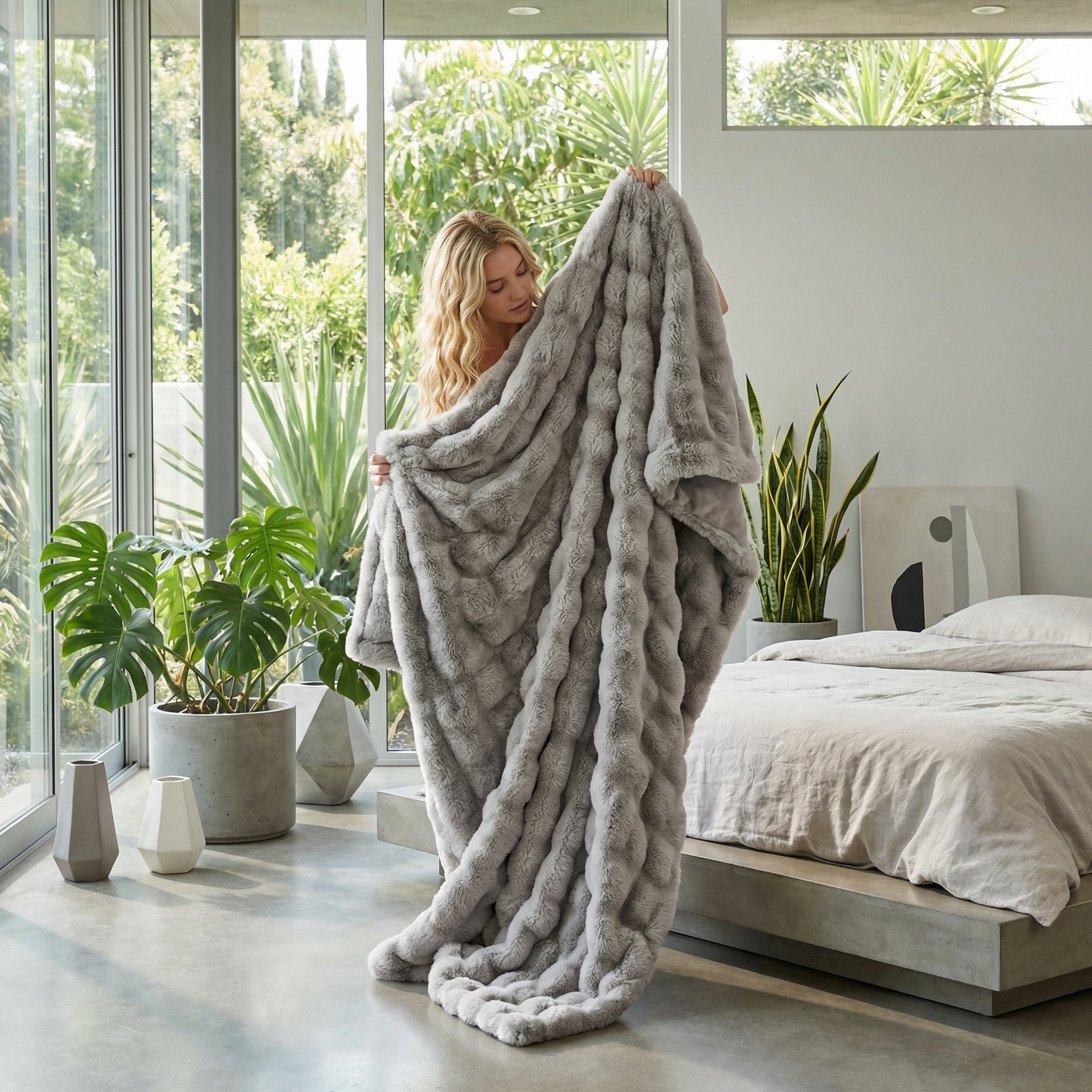 Blonde woman holding a plush gray faux fur striped throw blanket in a modern bedroom.