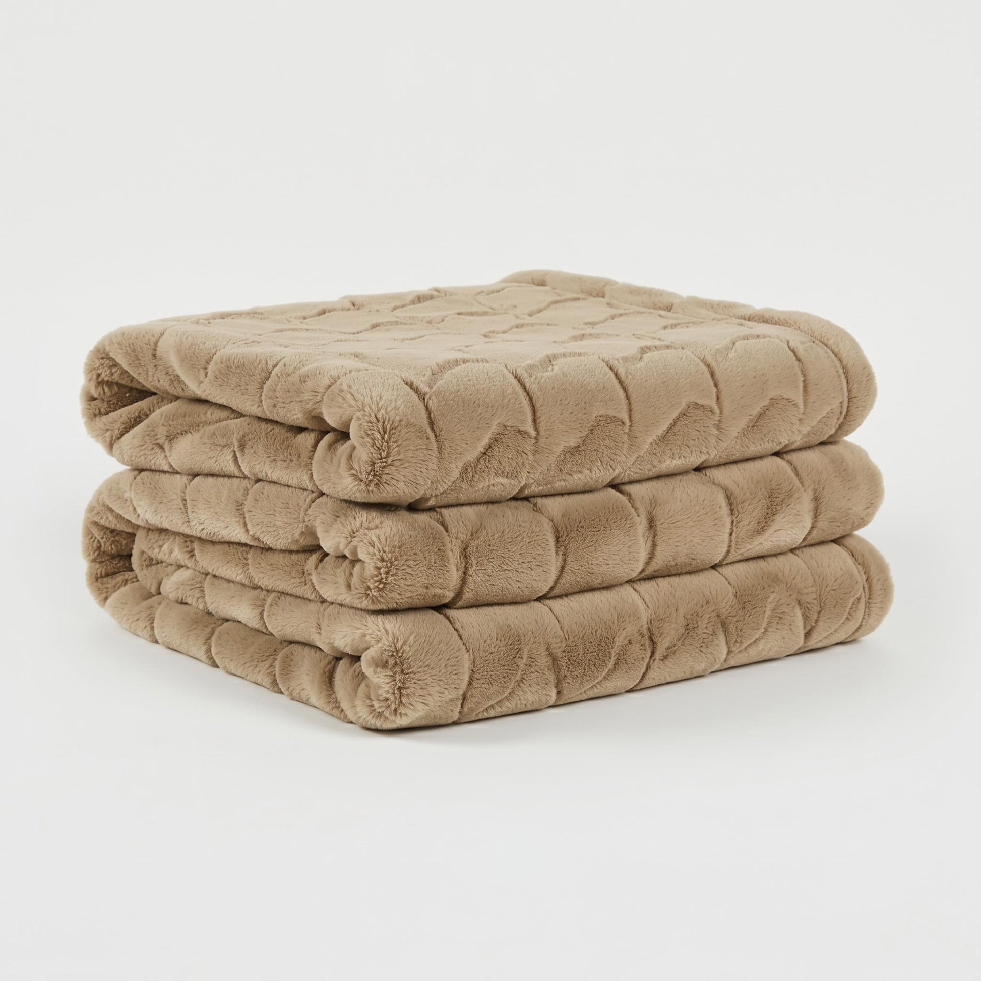Folded beige faux fur throw blanket with a subtle tatting texture, showcasing its plush softness.