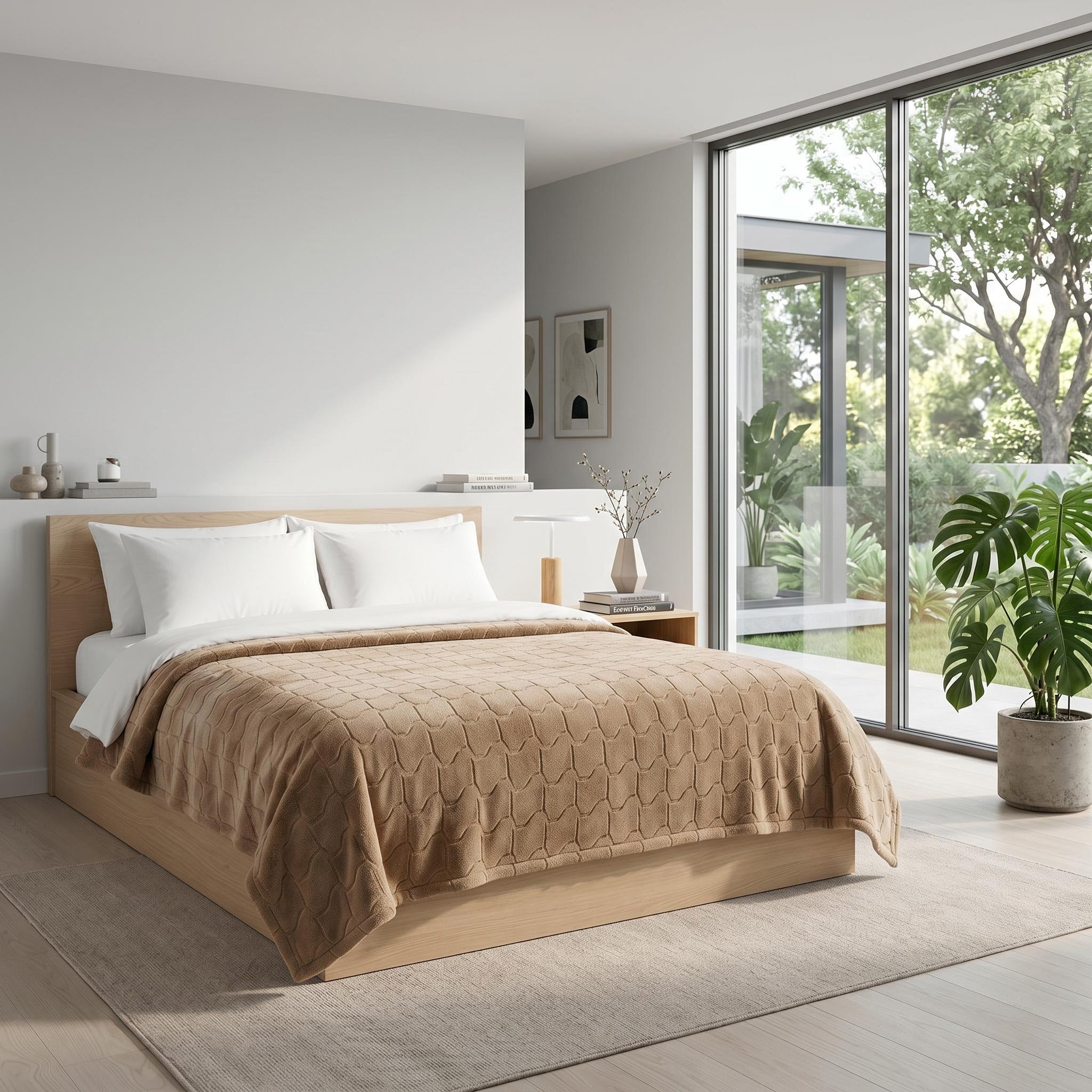 Soft, plush faux fur throw blanket in a warm tan color with a subtle textured pattern, draped over a bed.